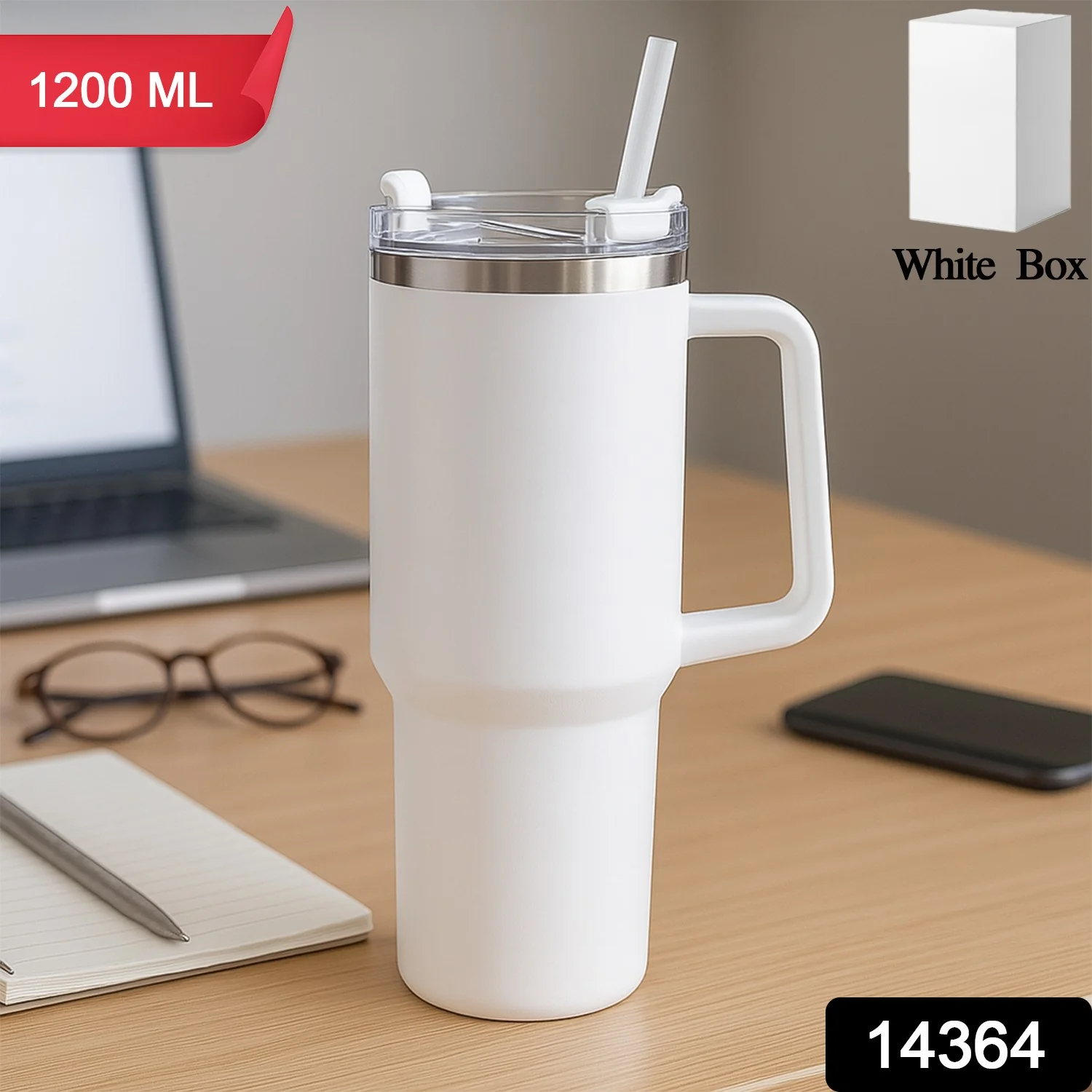 White Extra Large Insulated Travel Mug, Tumbler (1200ML - 1 Pc) - Image 2