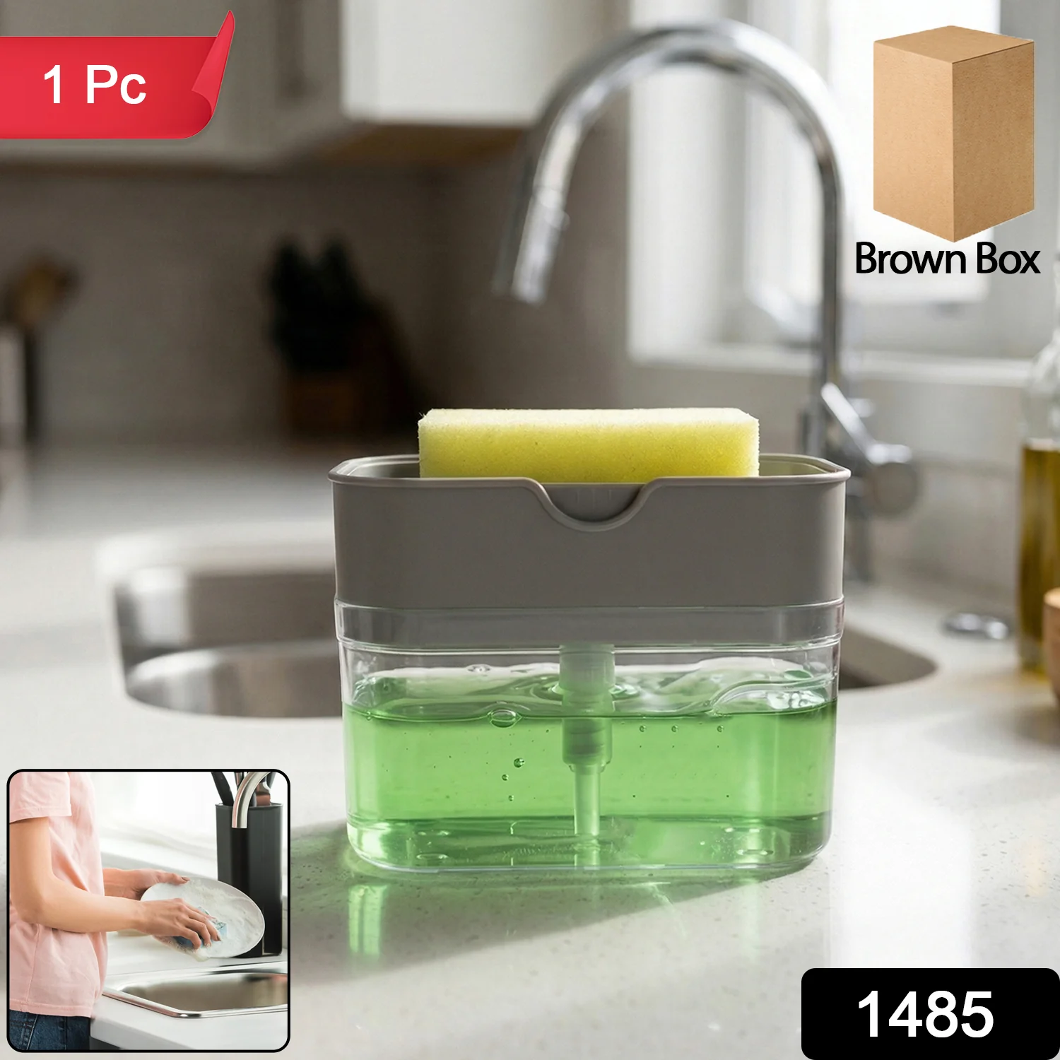 Liquid Soap Dispenser on Countertop with Sponge Holder For Pet - Image 2