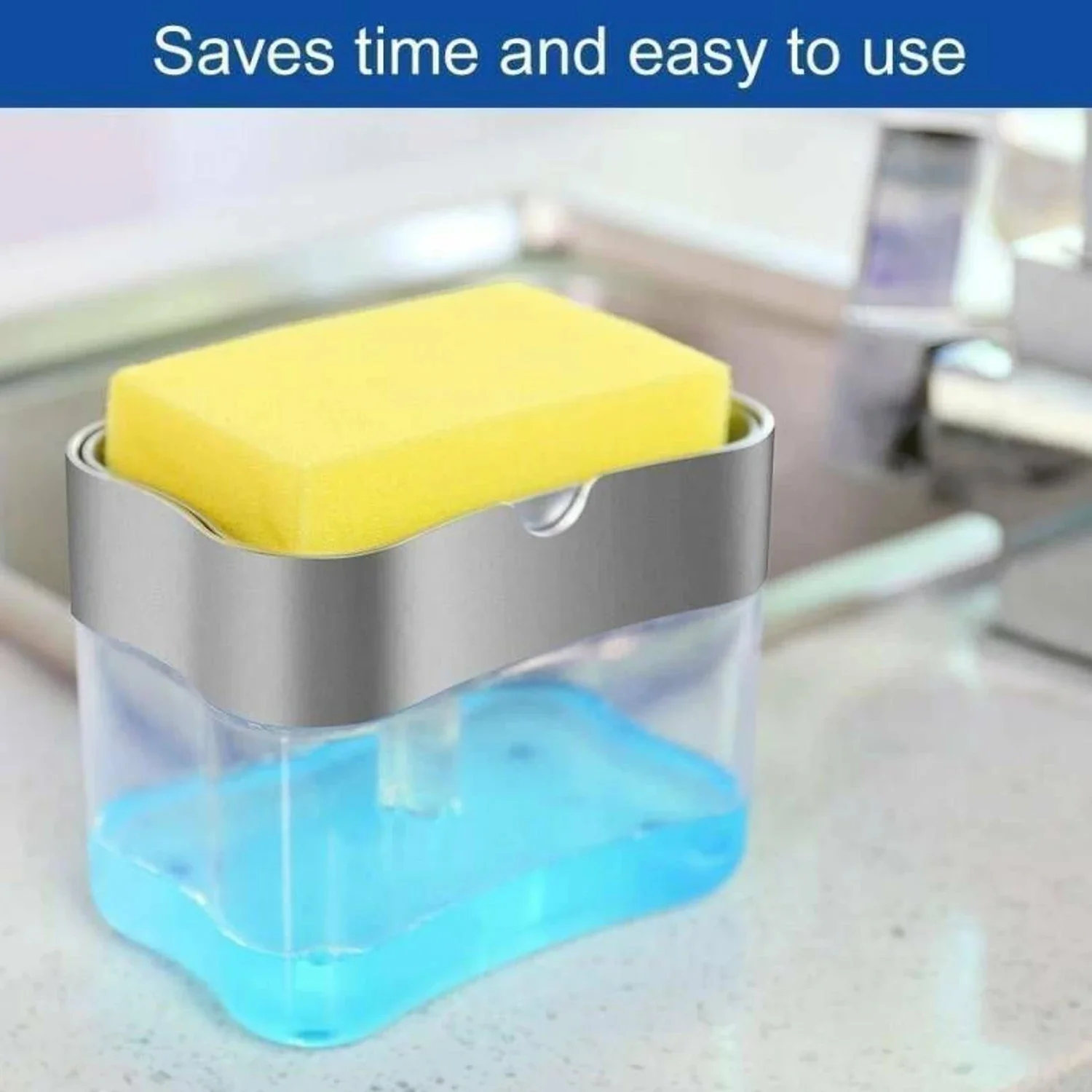 Liquid Soap Dispenser on Countertop with Sponge Holder For Pet - Image 4