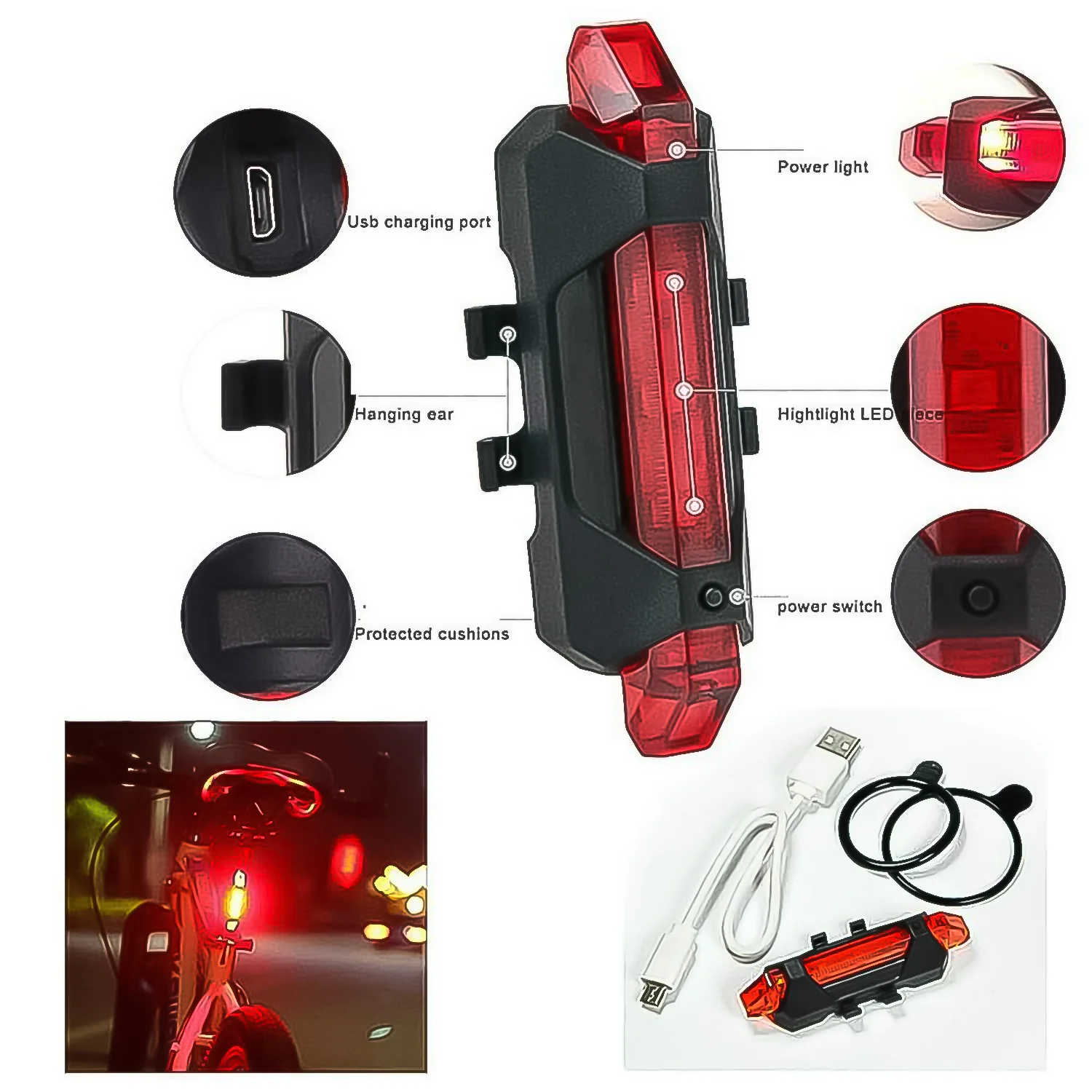 Combo of Bicycle LED USB Rechargeable Head Light and Tail Light (2 Pc Set) - Image 3