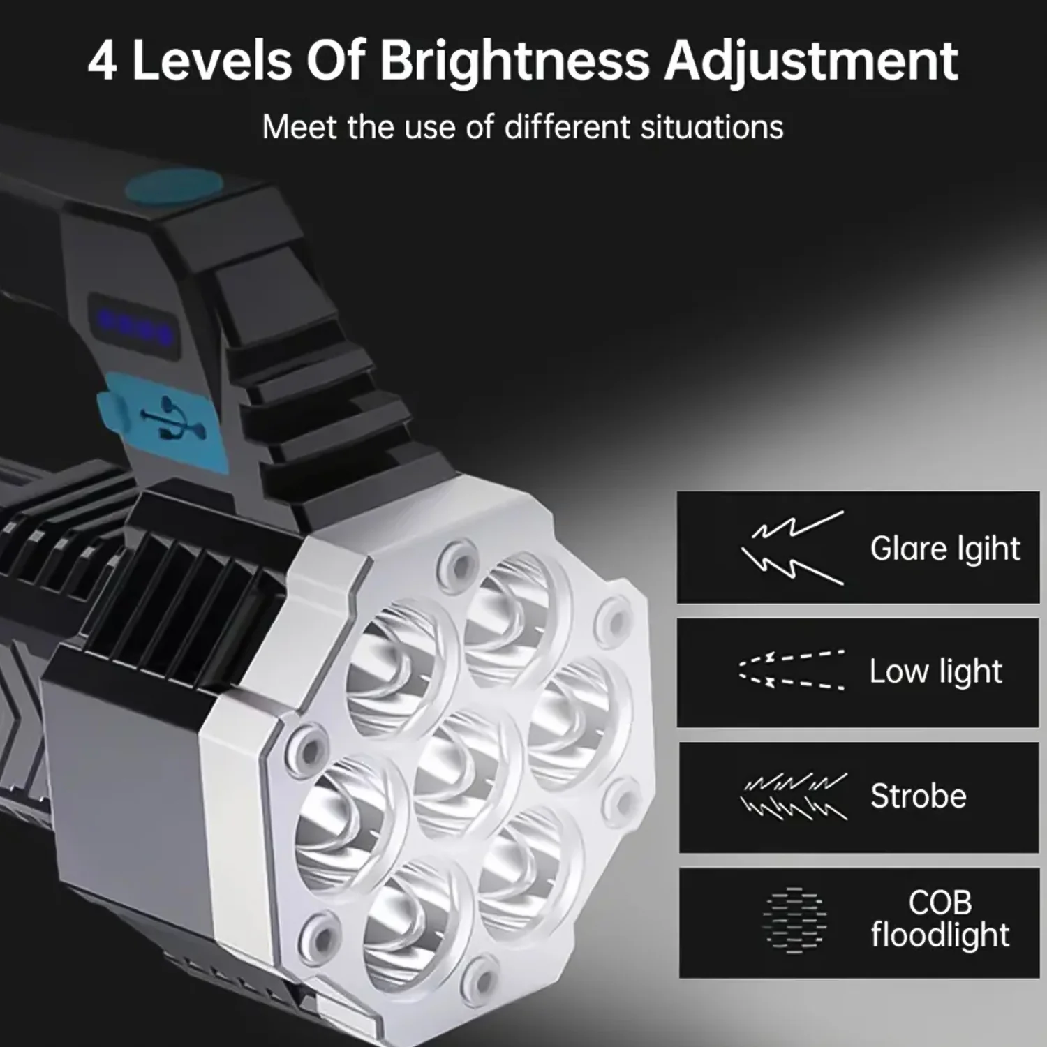 Portable COB 7LED USB Rechargeable Flashlight / Torch with Side Light (1 Pc) - Image 3