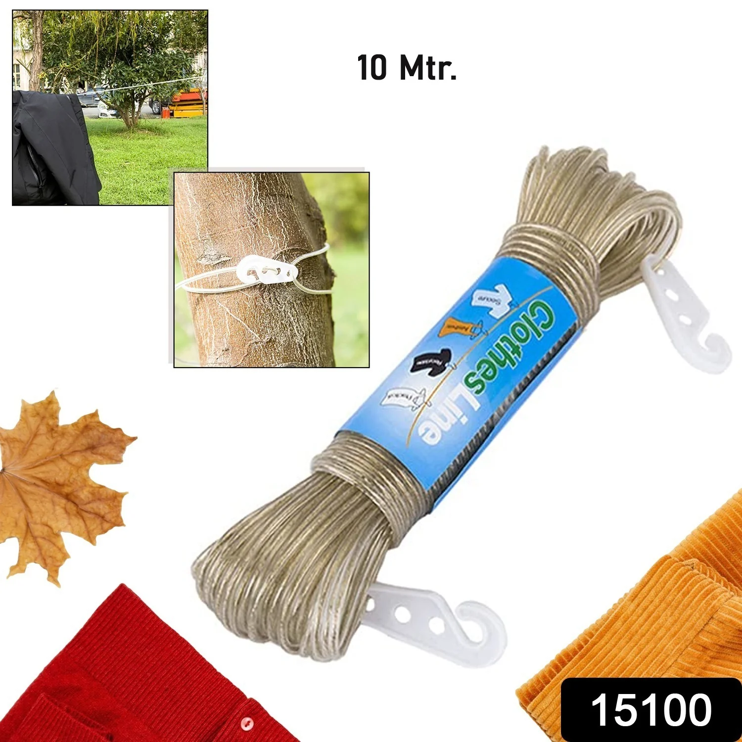 Clothesline Portable Travel Clothesline Adjustable with 2 Plastic Hooks (10 M Approx / 1 Pc) - Image 2