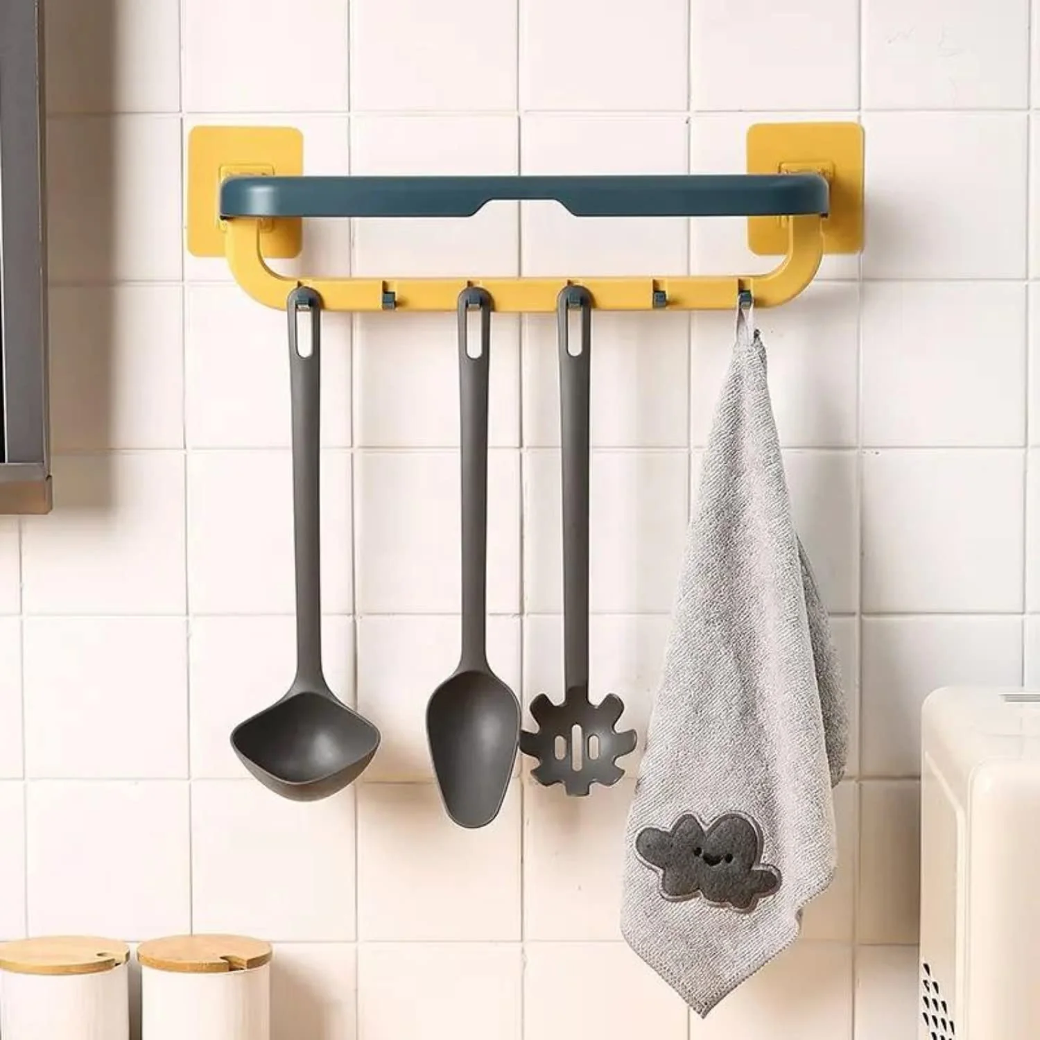 Wall-Mounted Double Bar Towel Holder with Hooks & Adjustable Folding Shelf - Image 3