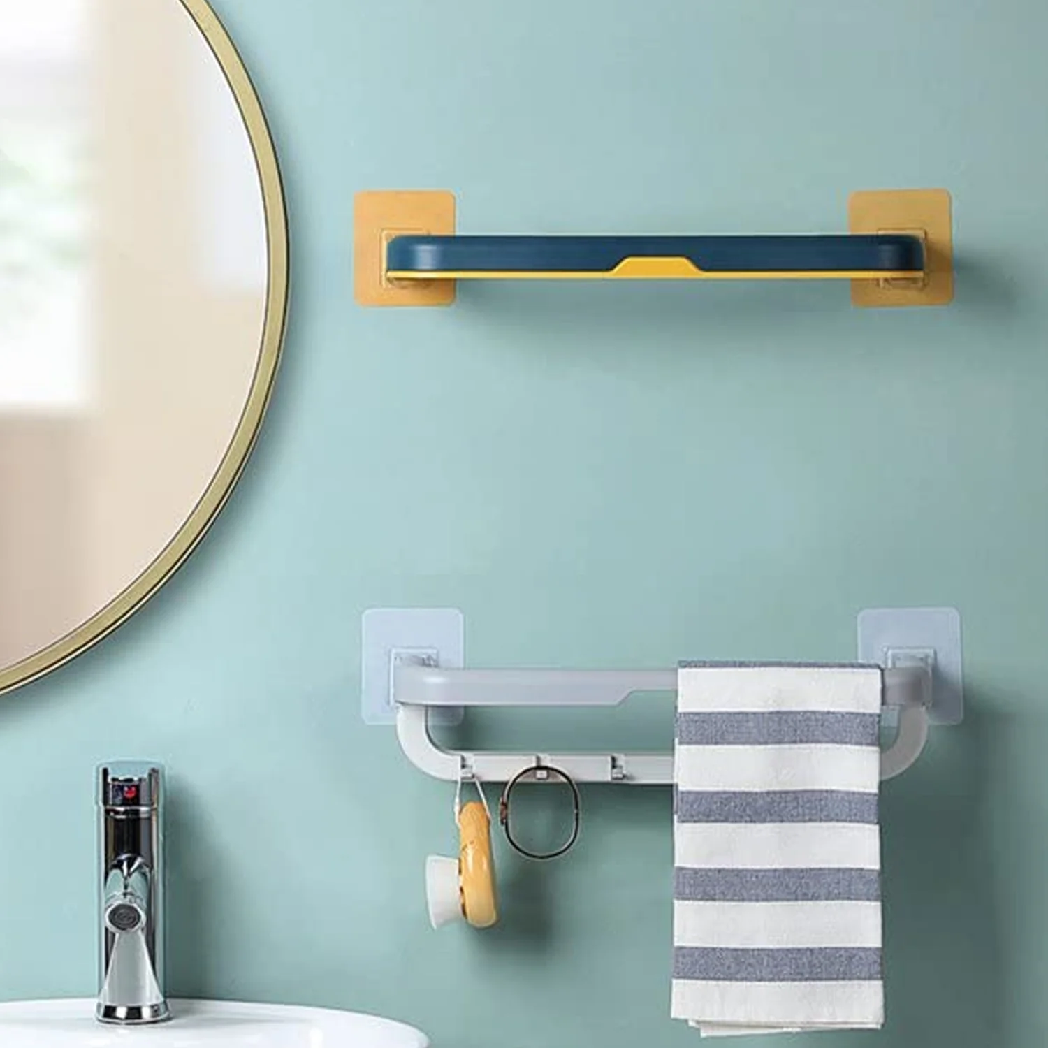 Wall-Mounted Double Bar Towel Holder with Hooks & Adjustable Folding Shelf - Image 4