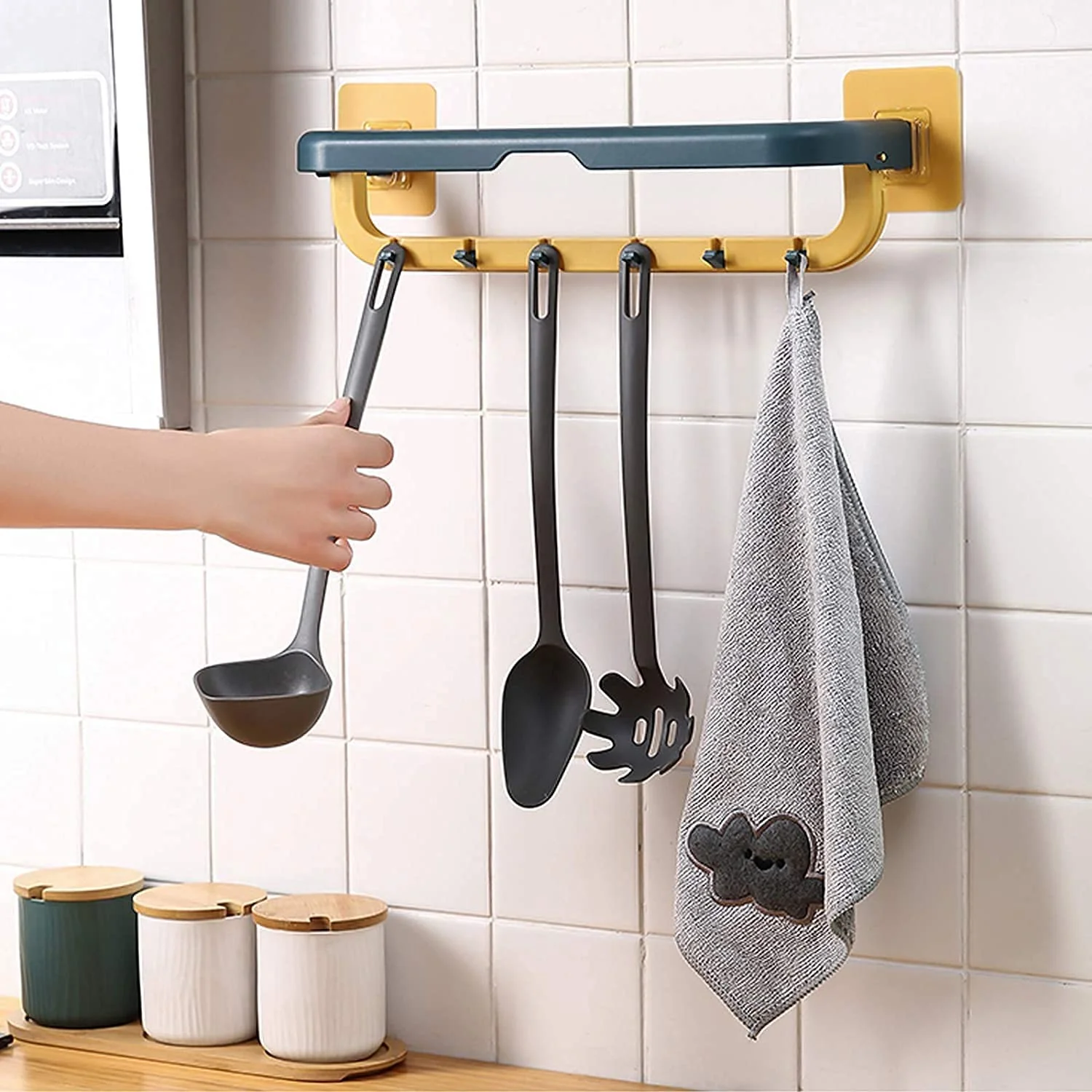 Wall-Mounted Double Bar Towel Holder with Hooks & Adjustable Folding Shelf - Image 7