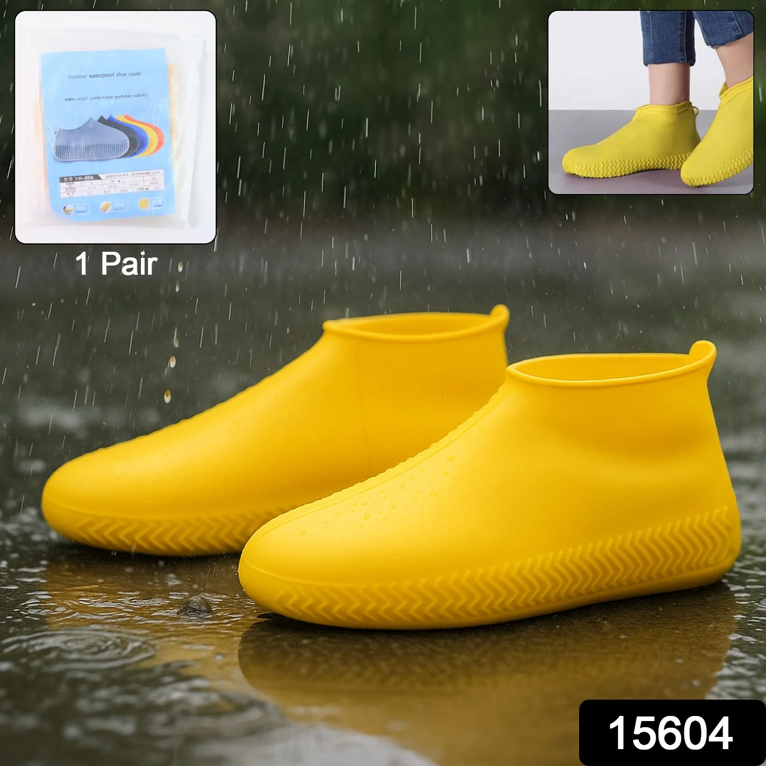 Yellow Non-Slip Silicone Rain Shoe Cover – Waterproof Foldable Anti-Skid (1 Pair) - Image 2