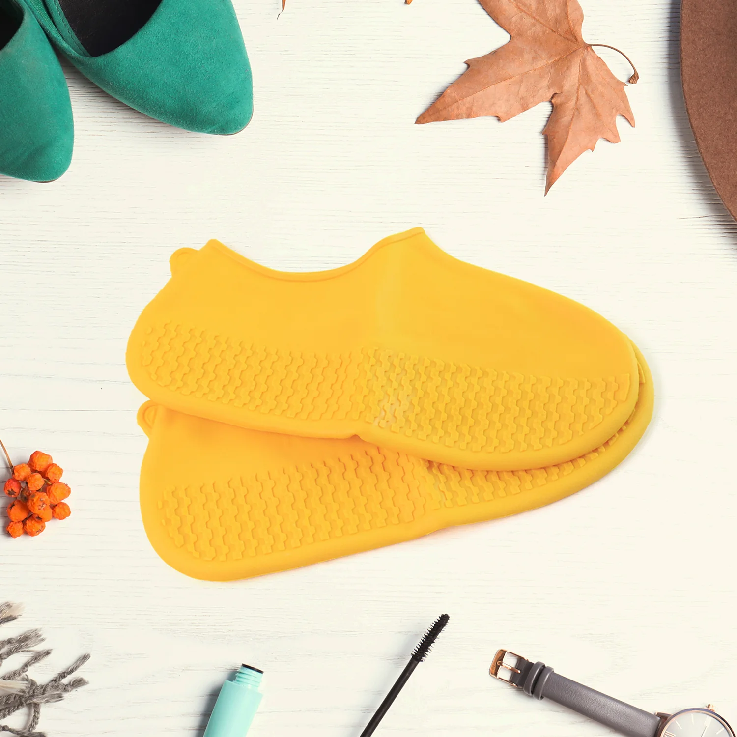 Yellow Non-Slip Silicone Rain Shoe Cover – Waterproof Foldable Anti-Skid (1 Pair) - Image 4