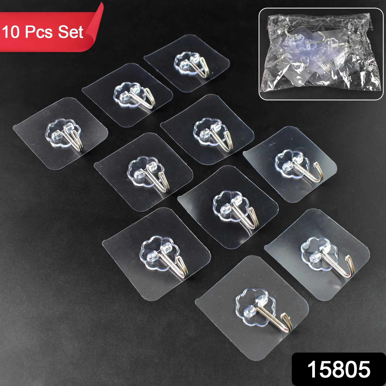 Self Adhesive Transparent Sticky Plastic & Stainless Steel Wall Hooks (10 Pcs Set) - Image 2