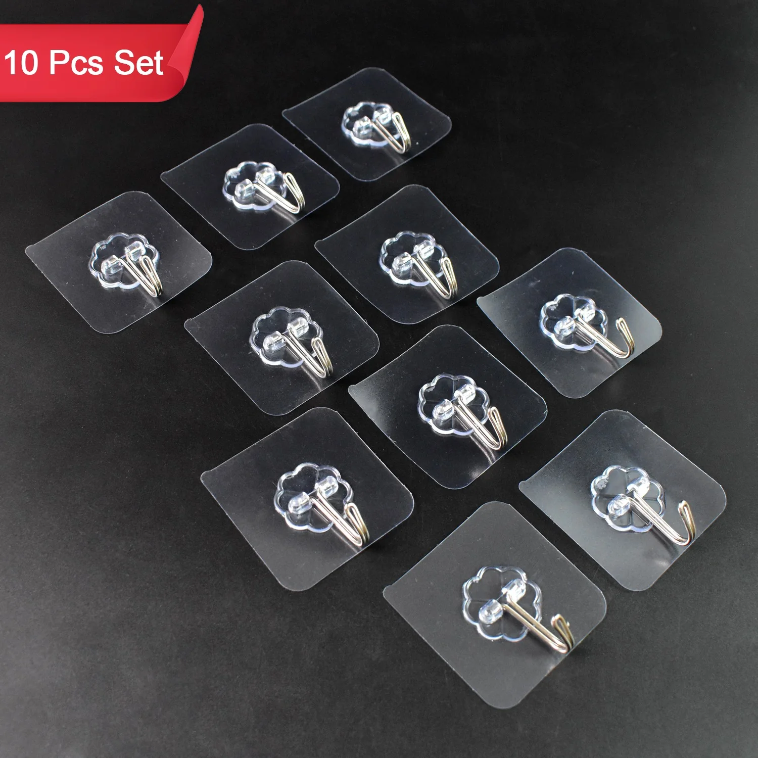 Self Adhesive Transparent Sticky Plastic & Stainless Steel Wall Hooks (10 Pcs Set) - Image 3