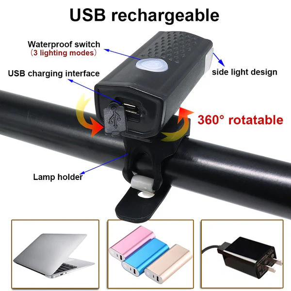 USB Rechargeable 400 Lumen Bicycle Front Headlight Cycle Light Set - Image 6