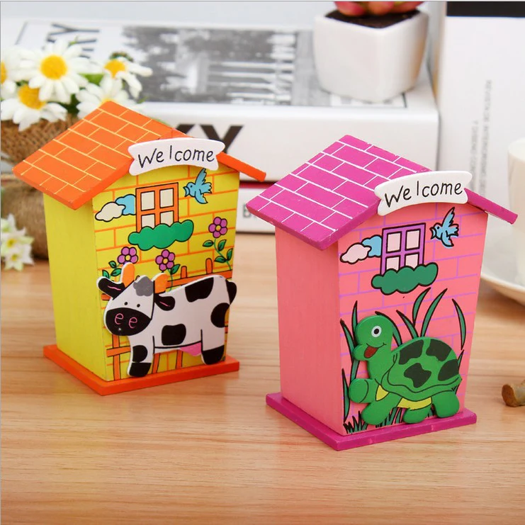 Cute Cartoon House Shaped Lovely Wooden Piggy Bank Money Bank - Image 3