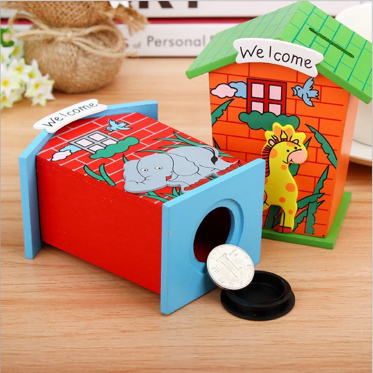 Cute Cartoon House Shaped Lovely Wooden Piggy Bank Money Bank - Image 4