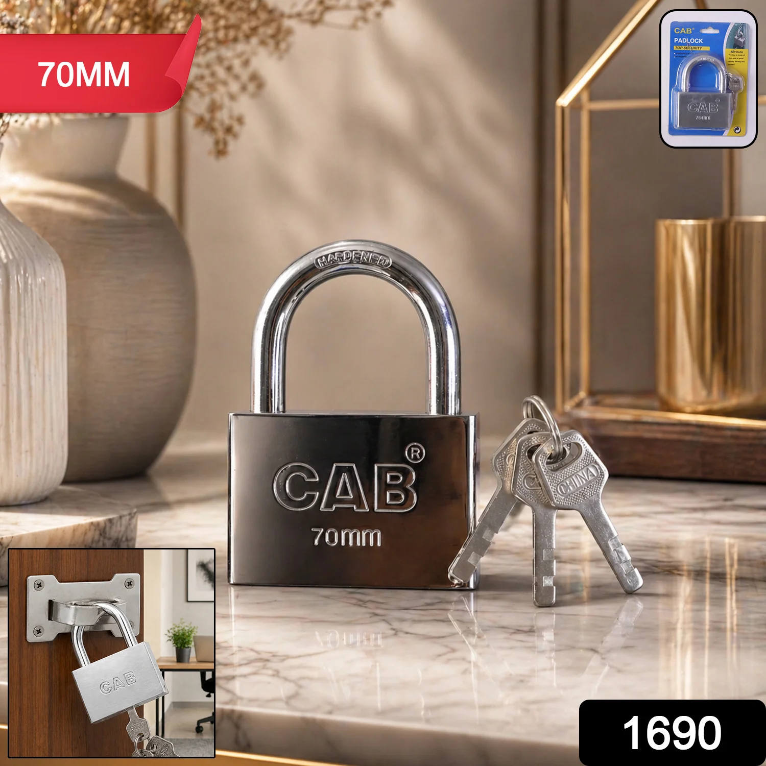Heavy Steel Premium Square Padlock 70mm with 3 Keys  Hardened Shackle for Doors - Image 2
