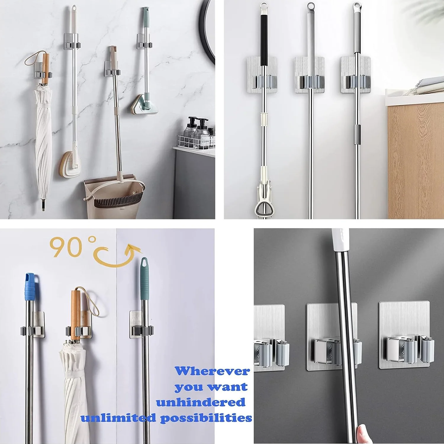 Stainless Steel Mop Broom Holder Organizer, With Glue 6gm Adhesive Wall Mounted Mop Organizer Storage Rack Clip Heavy Duty Broom Hanger for Laundry Room Garden Tool Holder Bathroom Accessories (1 Pc) - Image 3