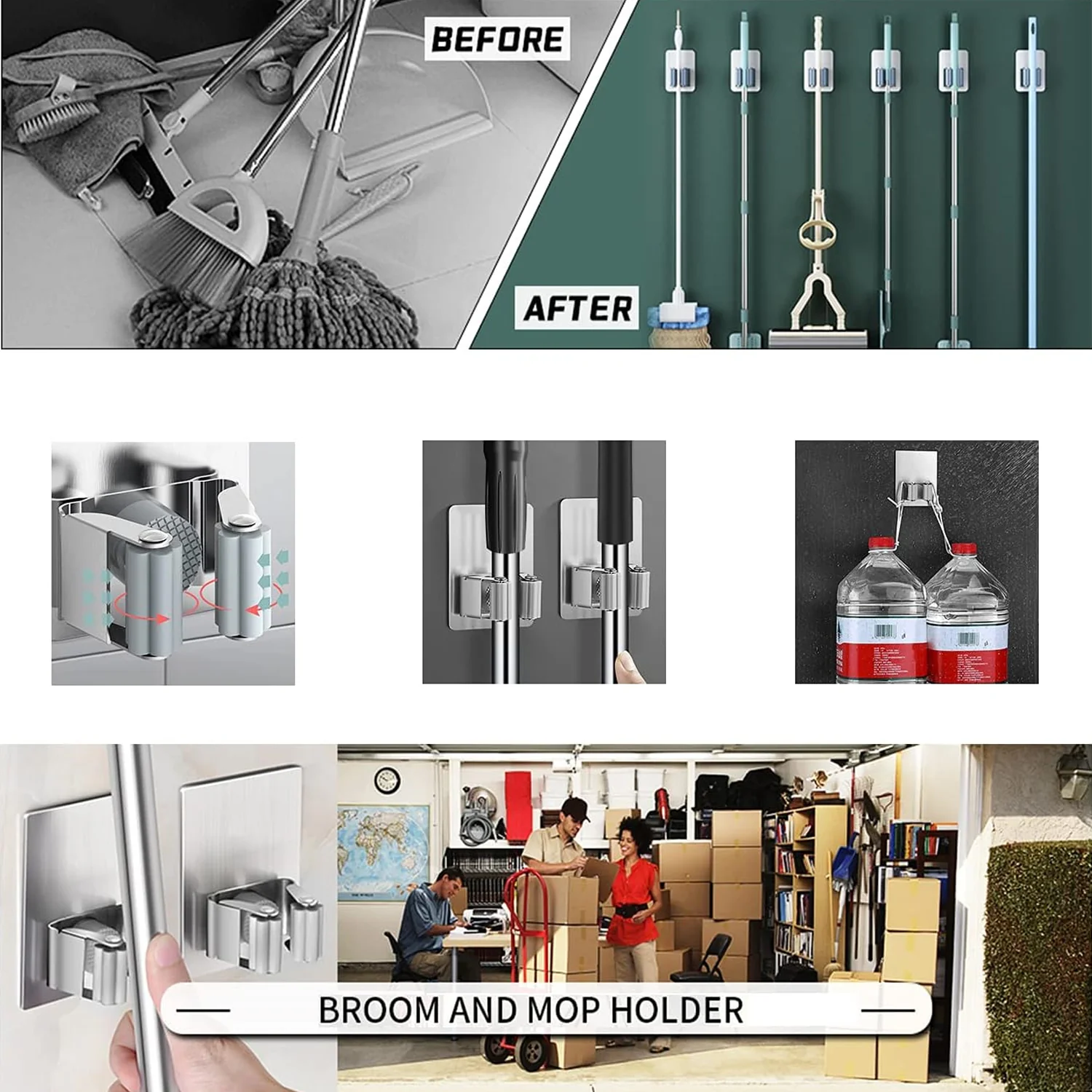 Stainless Steel Mop Broom Holder Organizer, With Glue 6gm Adhesive Wall Mounted Mop Organizer Storage Rack Clip Heavy Duty Broom Hanger for Laundry Room Garden Tool Holder Bathroom Accessories (1 Pc) - Image 8