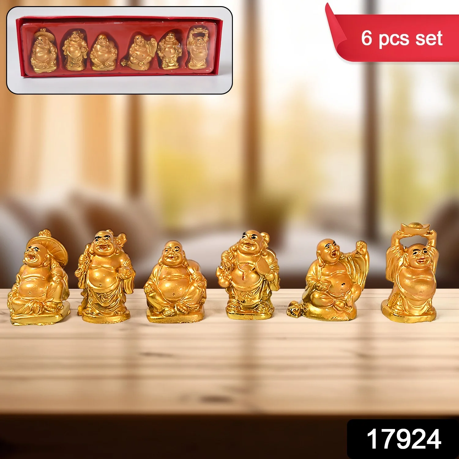 Golden Laughing Buddha Set of Six Pieces Statue for HappinessGood Luck Home Decor - Image 2