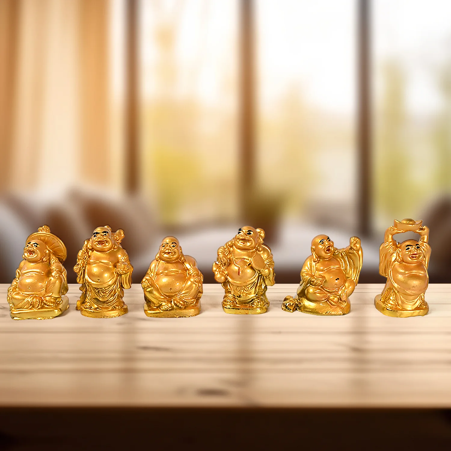 Golden Laughing Buddha Set of Six Pieces Statue for HappinessGood Luck Home Decor - Image 3