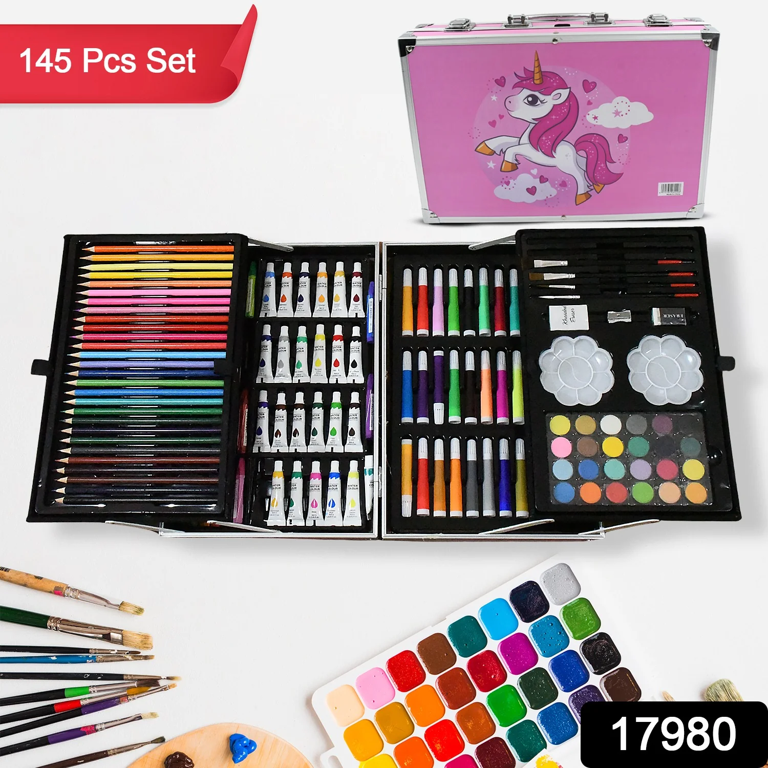 17980 Professional Art Set-Drawing Painting Sketching Coloring Kids Set All in 1 Art Case Perfect for Kids with Unicorn Design Case, Shading Crayons Oil Pastels Color Set Watercolor Cakes Paint Brush Sharpener Eraser (145 Pcs Set) - Image 2