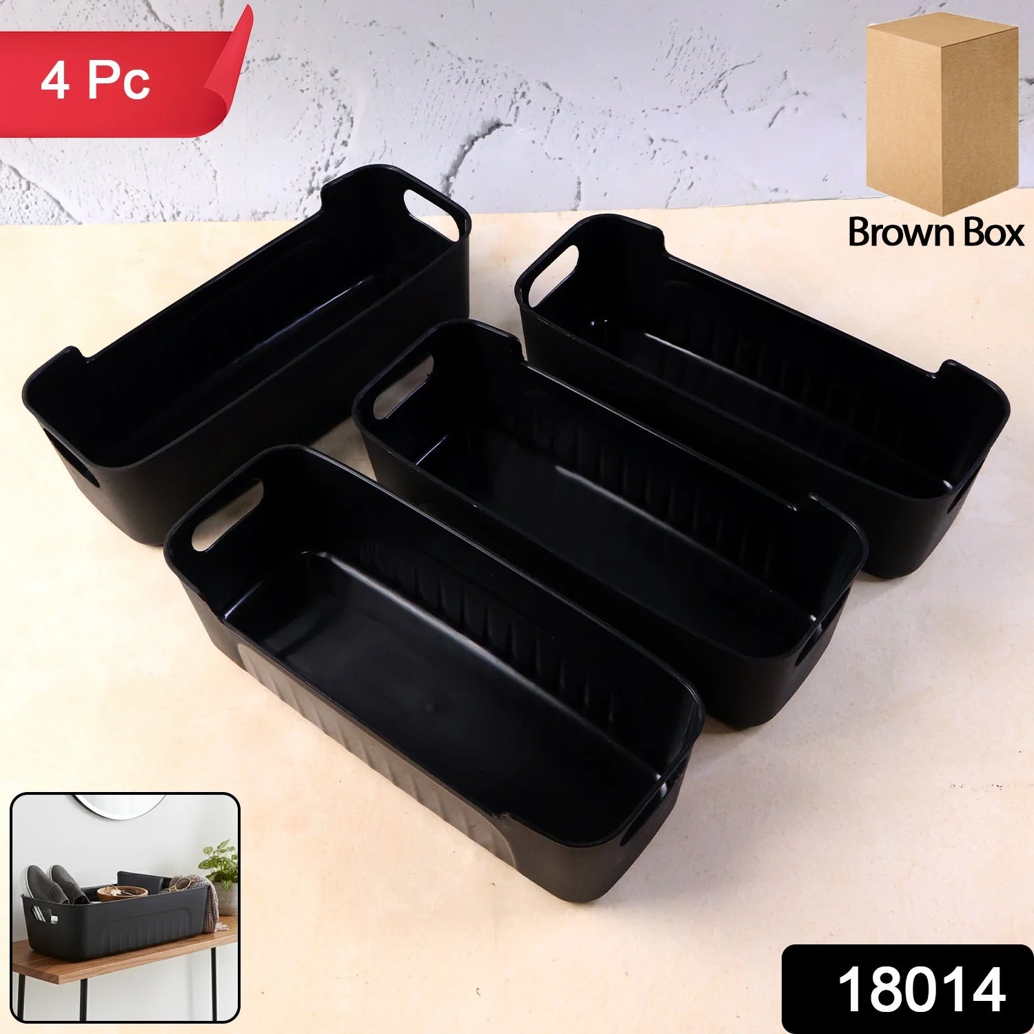 Black Plastic Storage Basket Tray Set (4 Pcs) - Image 2