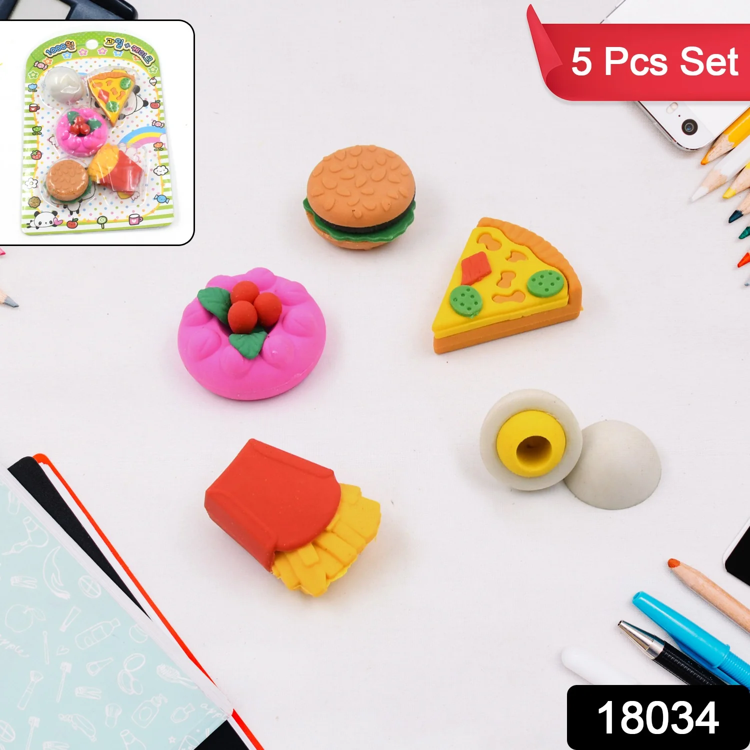 3D Food-Shaped Colorful Eraser Set – Cute Novelty Mini Erasers for Kids (5 Pc Set) - Image 2