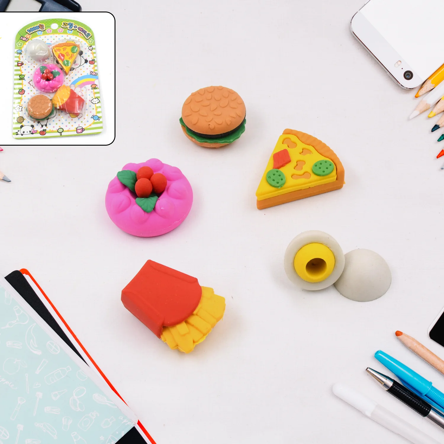 3D Food-Shaped Colorful Eraser Set – Cute Novelty Mini Erasers for Kids (5 Pc Set) - Image 3