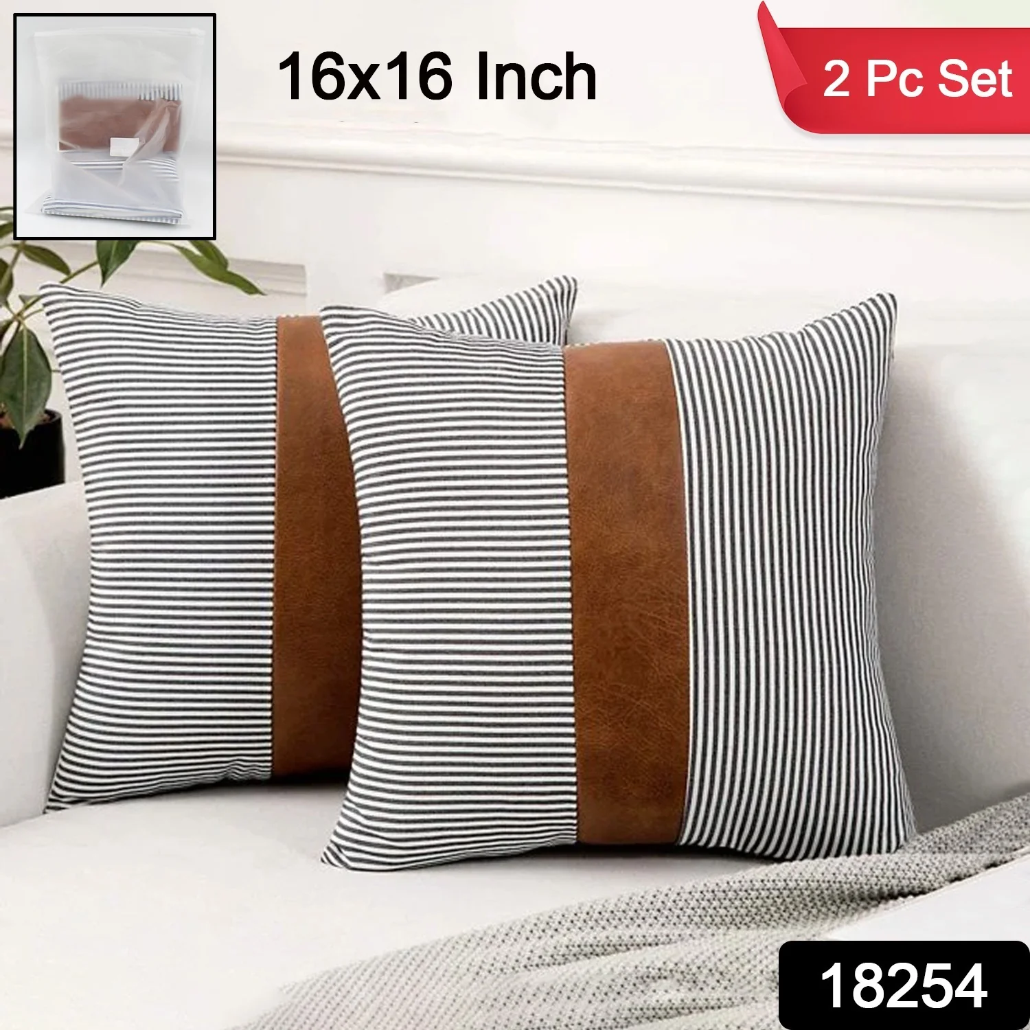 Pillow Covers, leather & cotton Cushion Covers (16 × 16 Inch / 1 Pair / 2 Pc) - Image 2