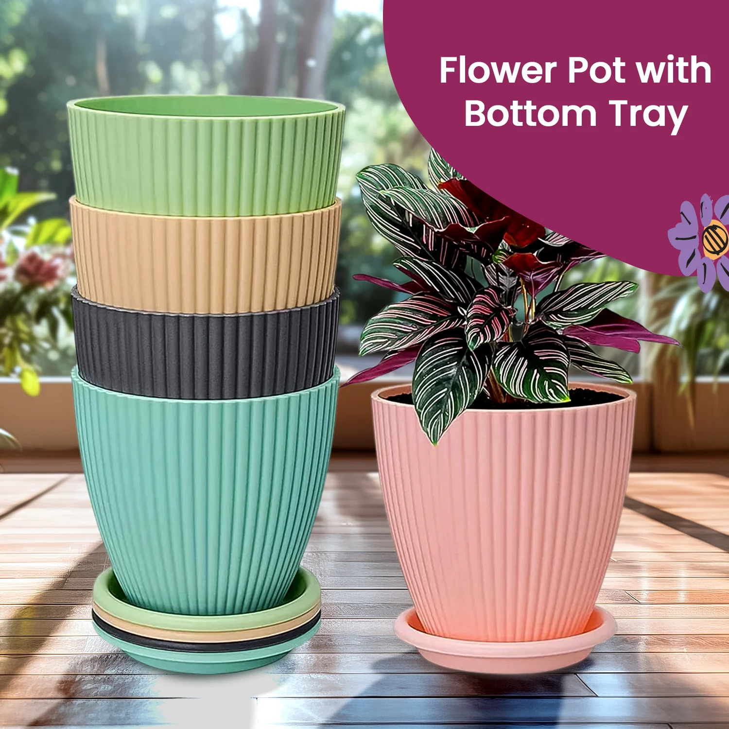 Plastic Flower Pot with Bottom Tray (5 Pcs Set) - Image 3