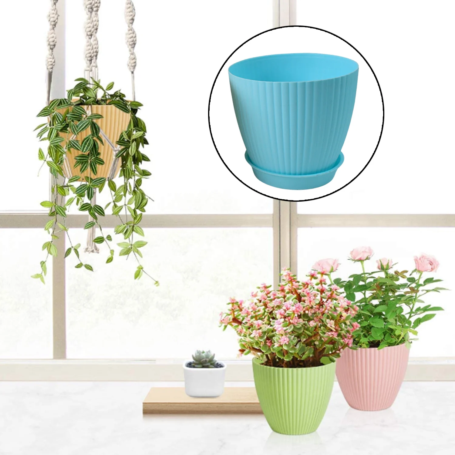 Round Plastic Flower Pot with Bottom Tray (5 Pcs Set / With Color Box) - Image 3