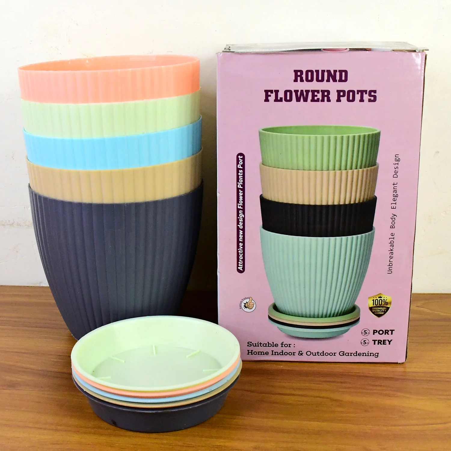 Round Plastic Flower Pot with Bottom Tray (5 Pcs Set / With Color Box) - Image 6