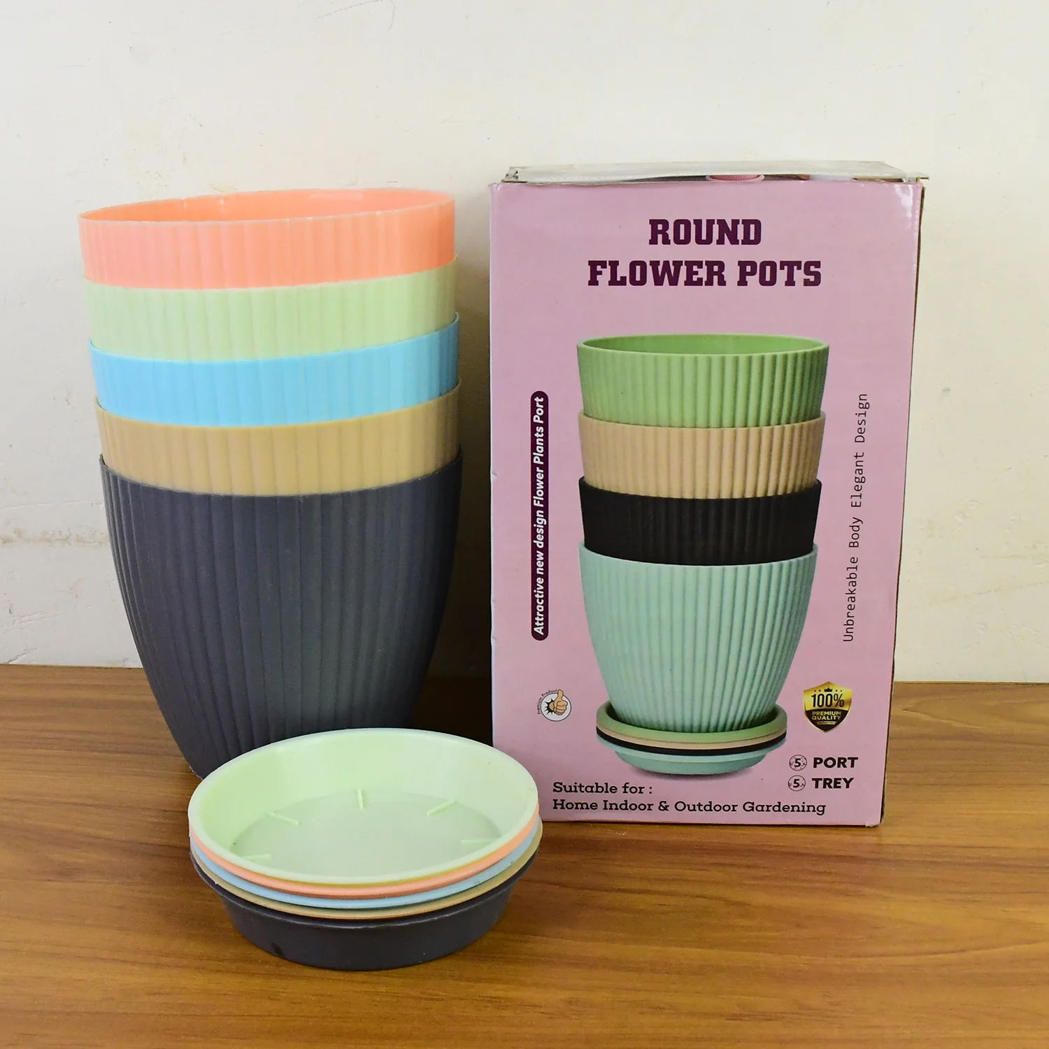 Round Plastic Flower Pot with Bottom Tray (5 Pcs Set / With Color Box) - Image 7