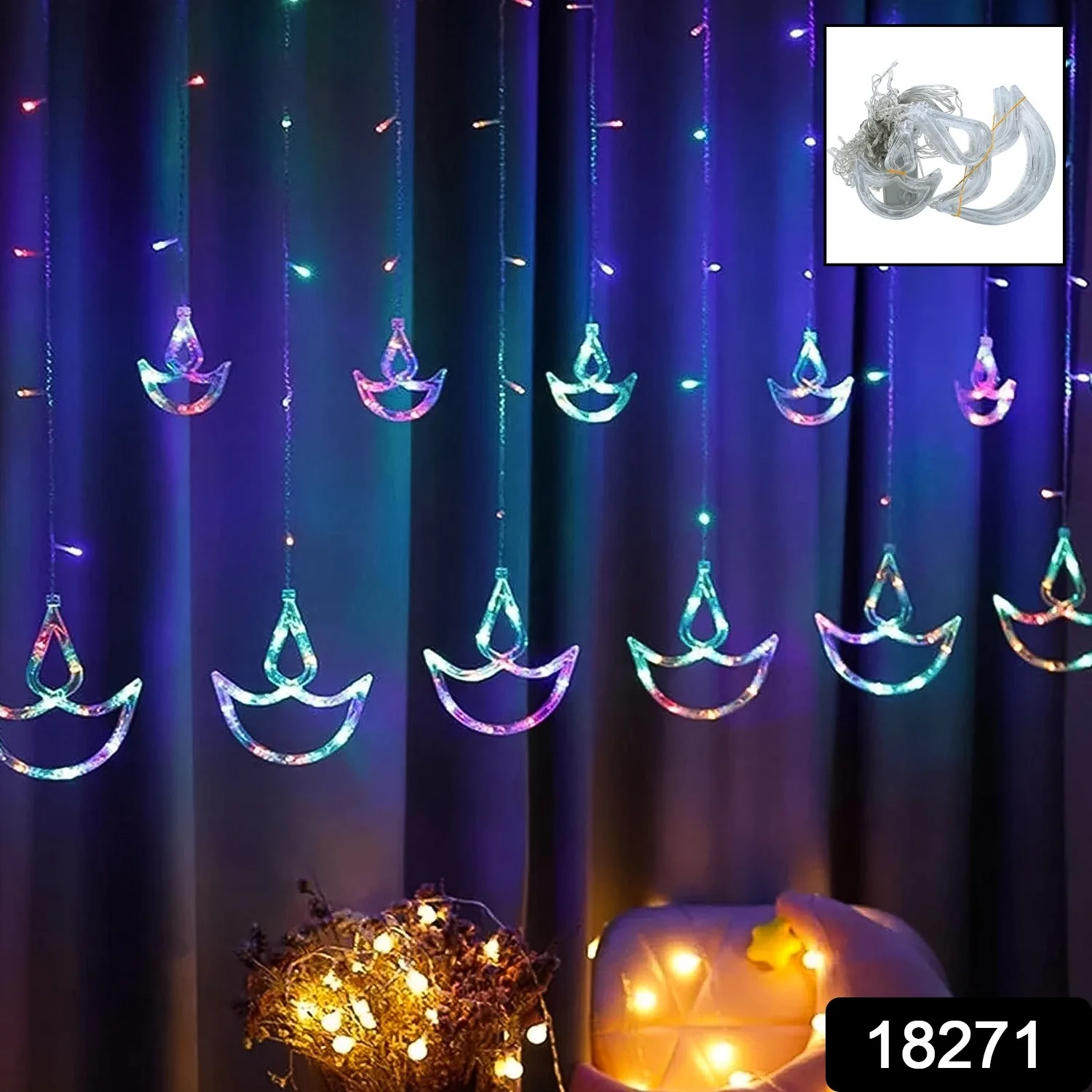 Multicolor 12 Diya Curtain String Lights (Multi Color) - Image 2