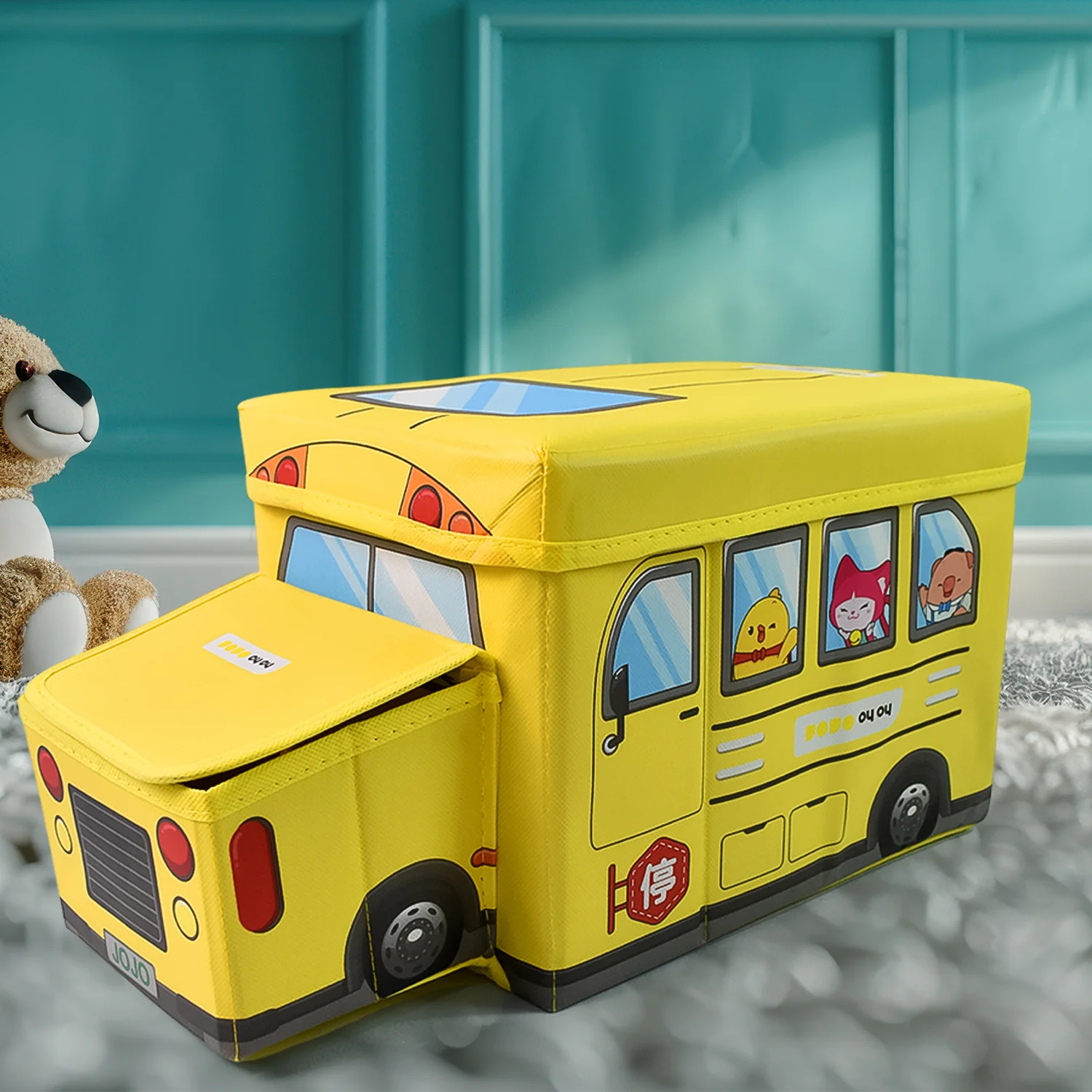 School Bus Shaped Portable Foldable Toy Box Storage with Lid (1 Pc) - Image 3