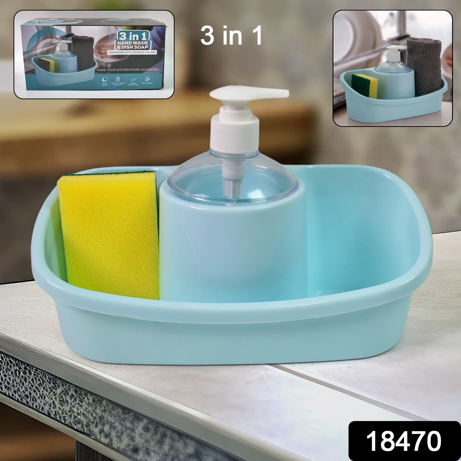 3 in 1 Hand wash Liquid Soap Dispenser with Sponge Holder (1 Set) - Image 2