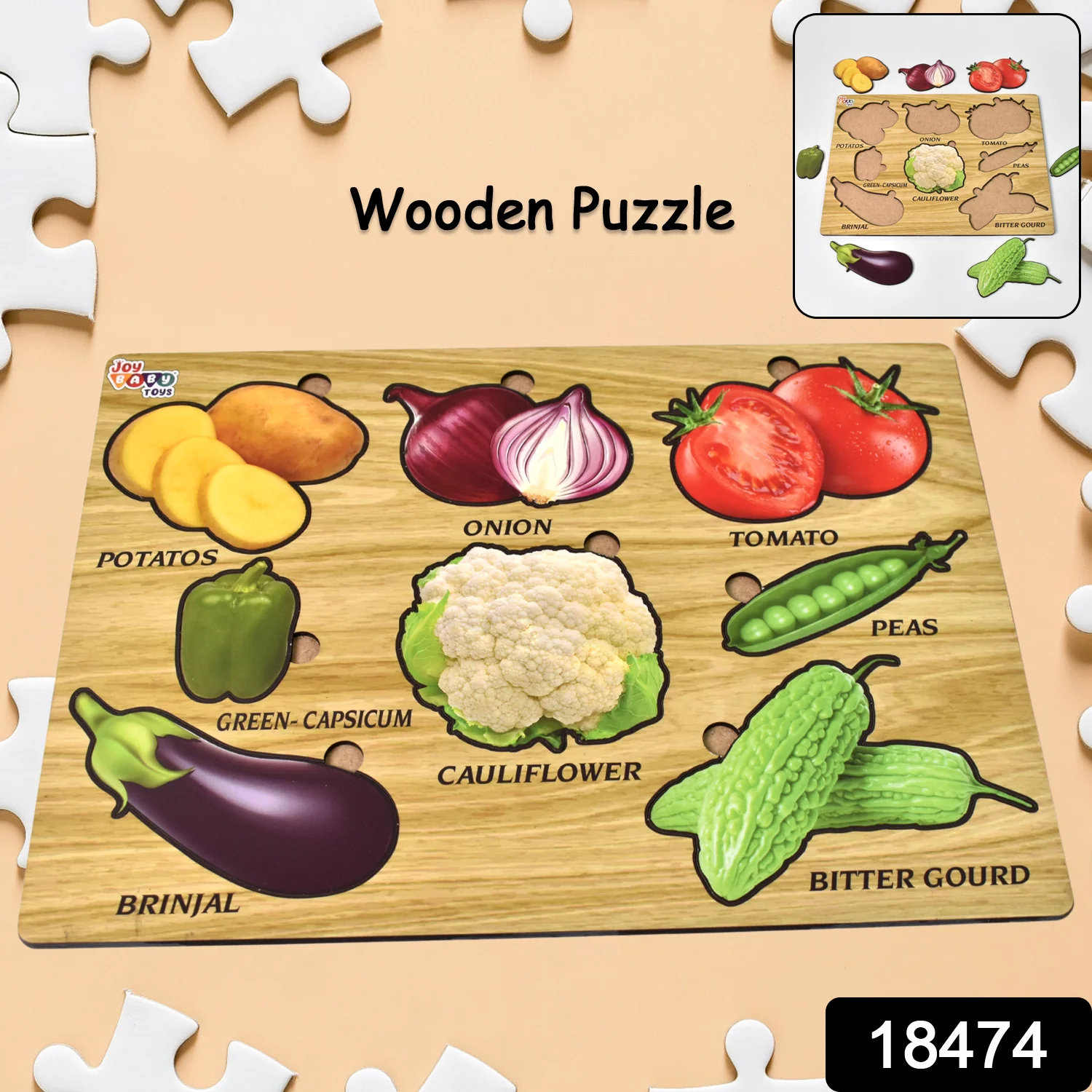 Wooden Vegetable Puzzle Learning Educational Board (1 Set / 28×20 Cm) - Image 2