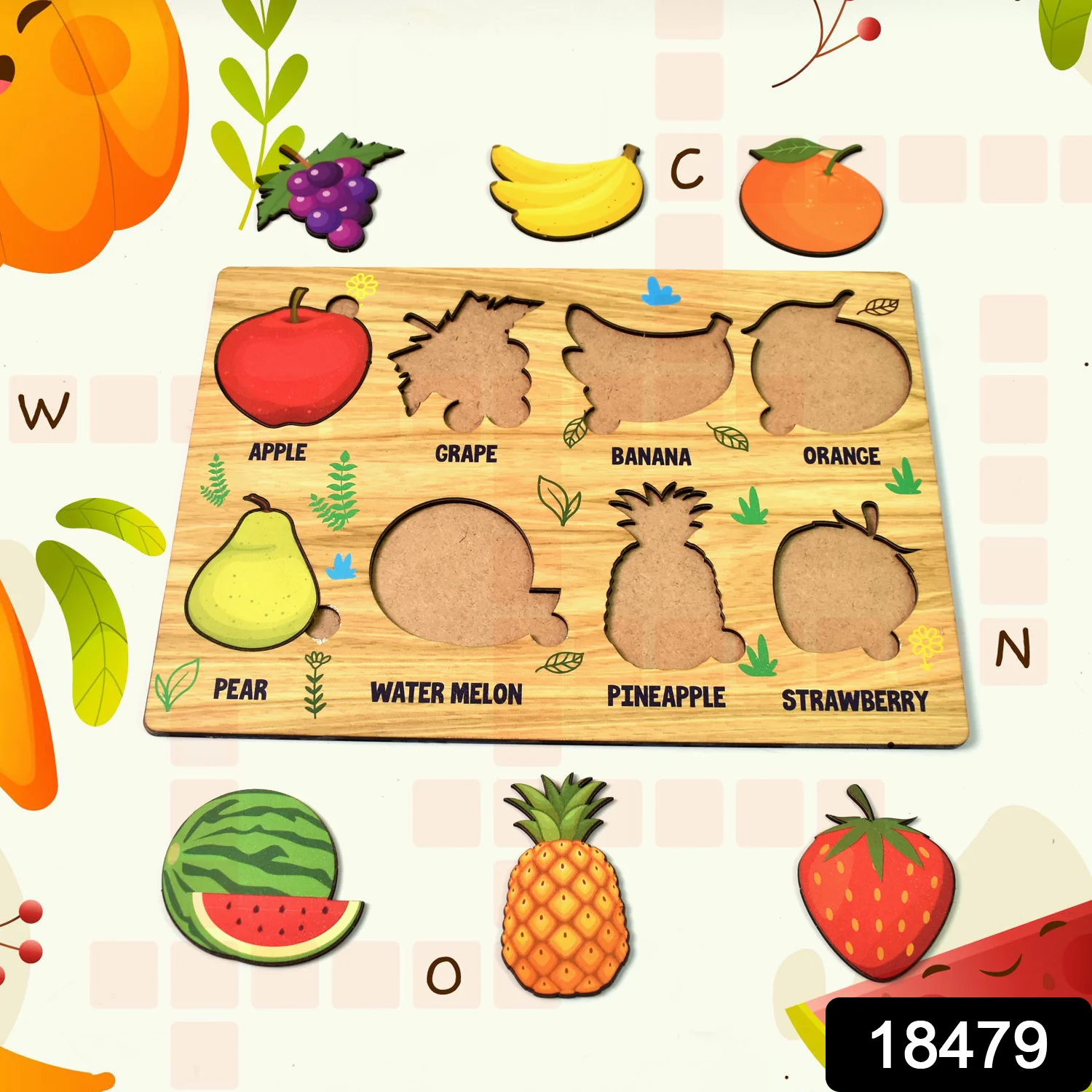 Wooden Fruits Puzzle Learning Educational Board (1 Set / 28×20 Cm) - Image 2