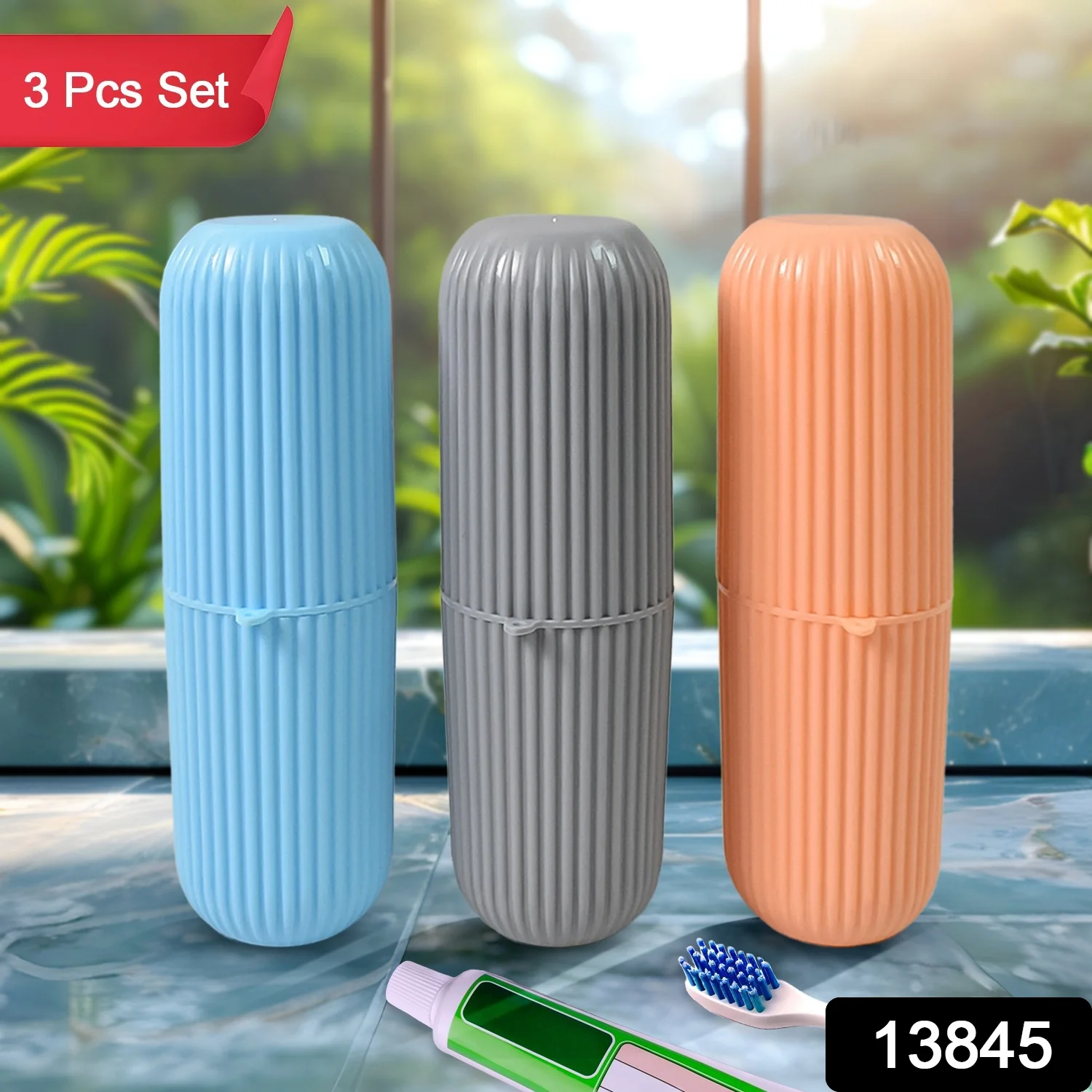 Capsule Shape Travel Toothbrush Toothpaste Case Holder (Multicolor / 3 Pcs Set) - Image 2