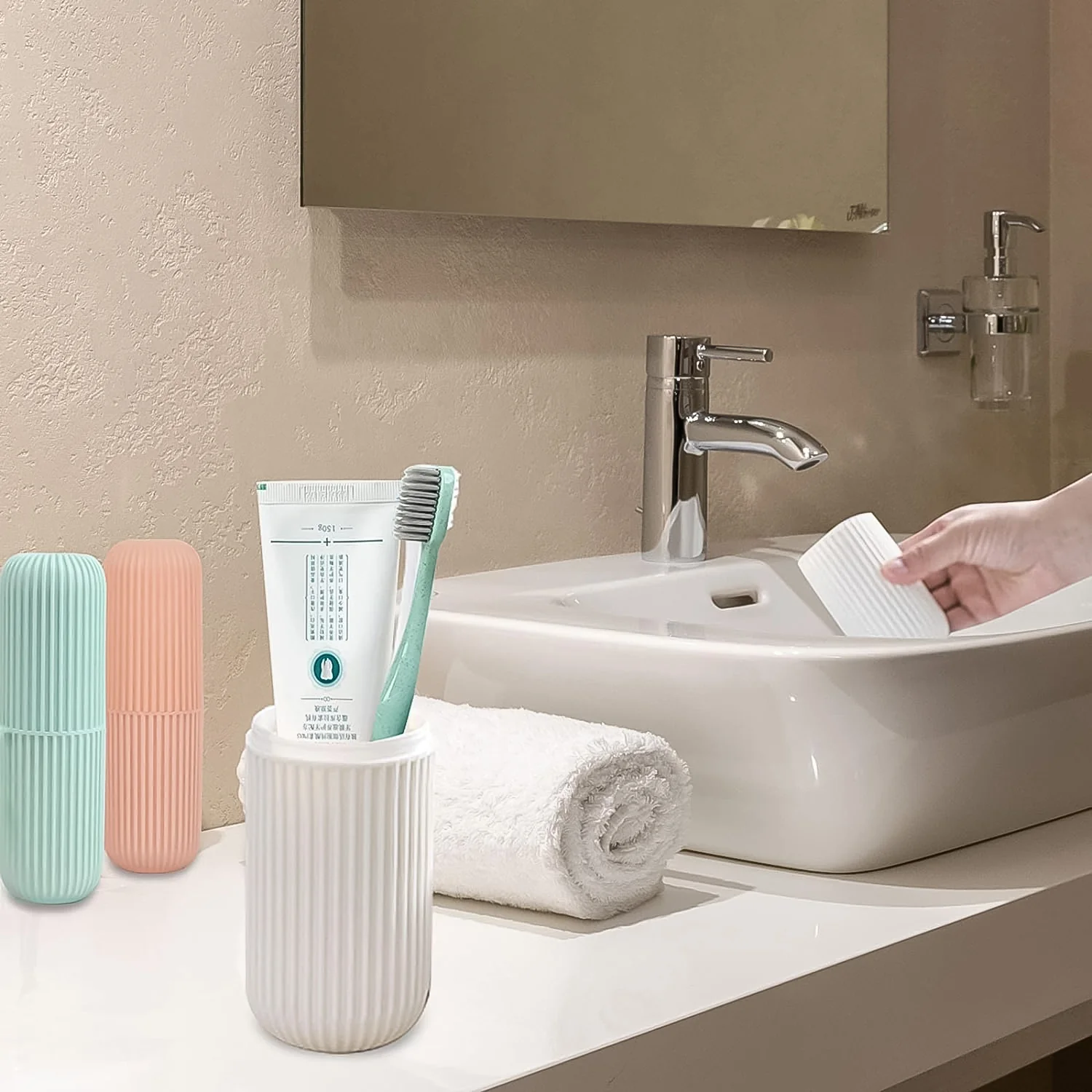 Capsule Shape Travel Toothbrush Toothpaste Case Holder (Multicolor / 3 Pcs Set) - Image 5