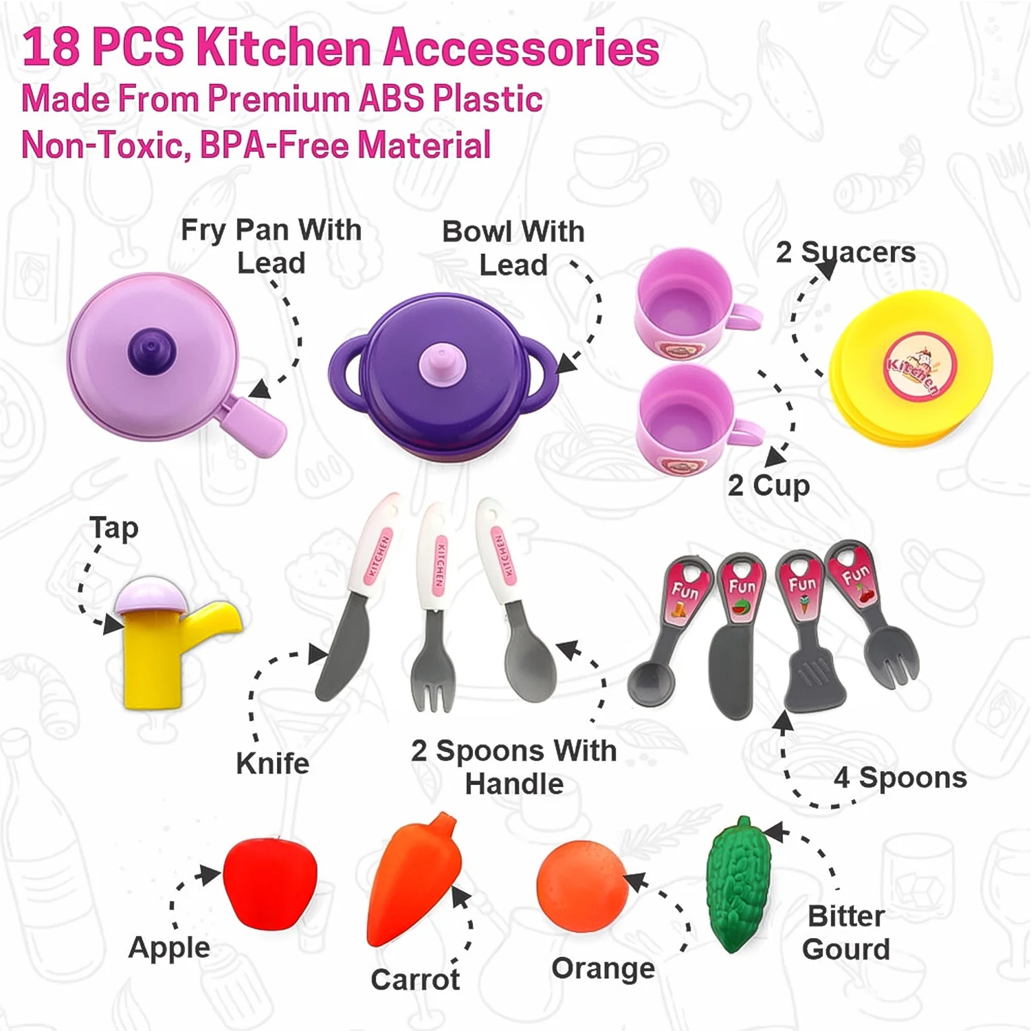 Kitchen Set for Kids Girls Pretend Play Toys Little (23 Pcs Set Approx) - Image 4