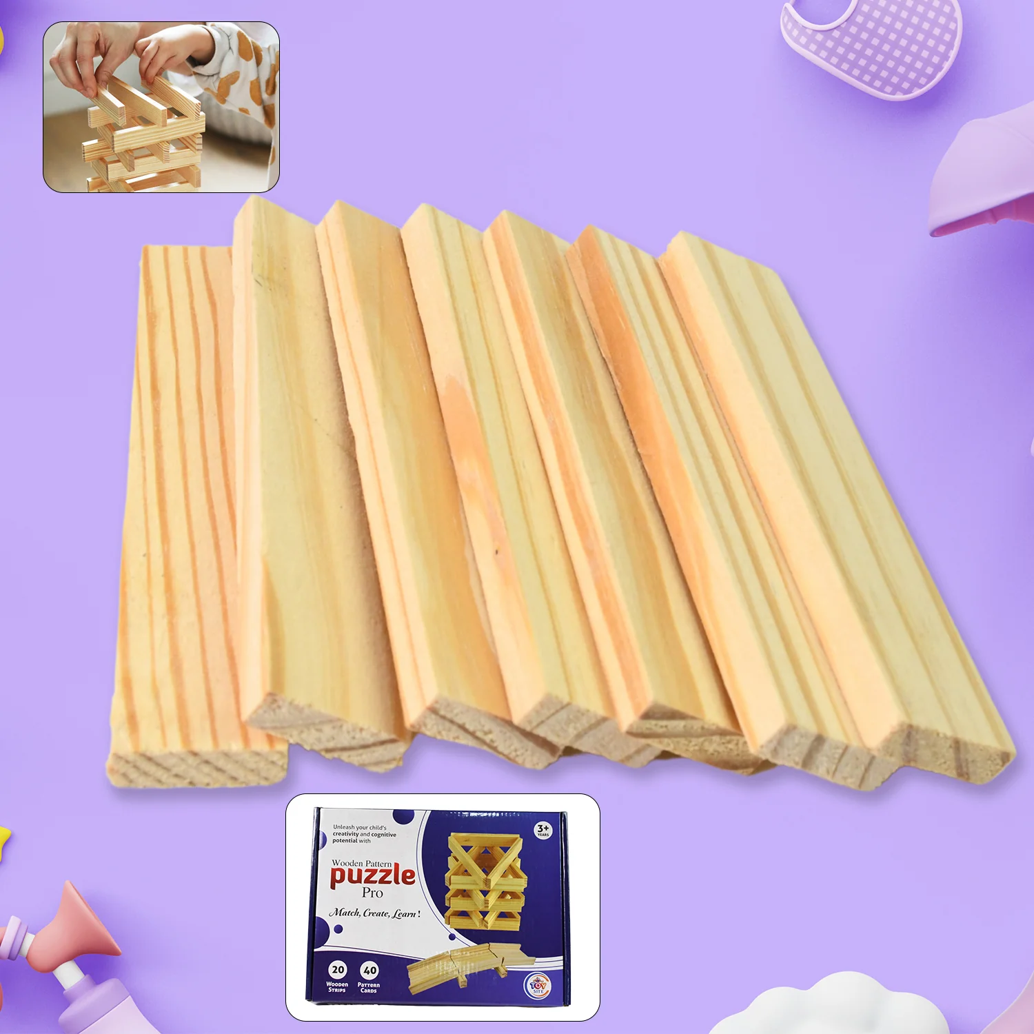 Wooden Pattern Brain Puzzles 20 Pcs Wooden Strips, 40 Pattern Cards (1 Set) - Image 3