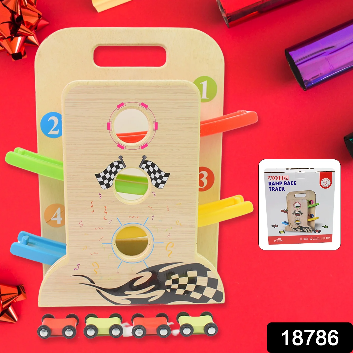 Wooden Ramp Racer Race Track Vehicle Play sets With 4 Mini Racers (with Handle) - Image 2