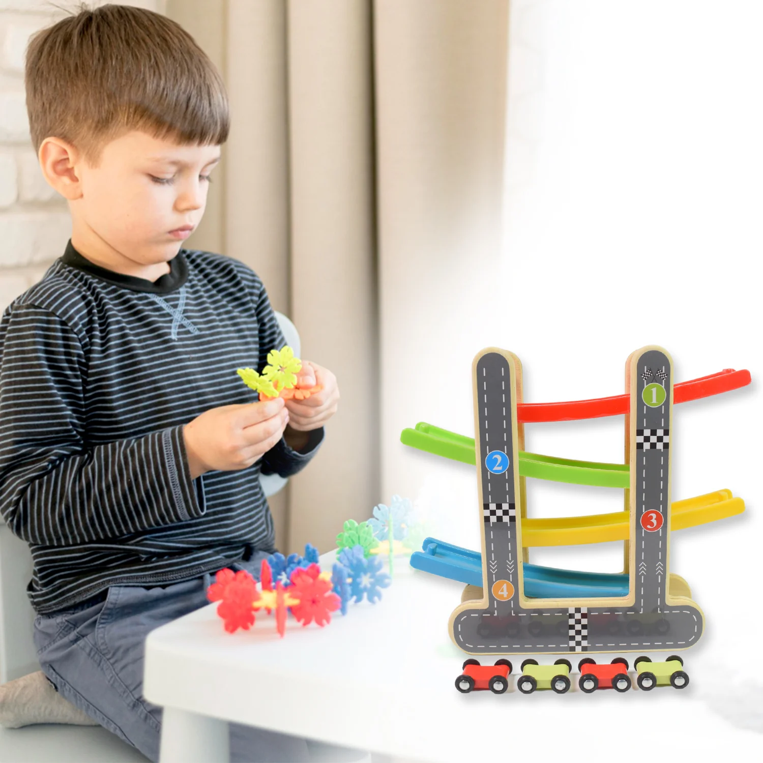 Wooden Ramp Racer Race Track Vehicle Play sets With 4 Mini Racers (with Handle) - Image 3
