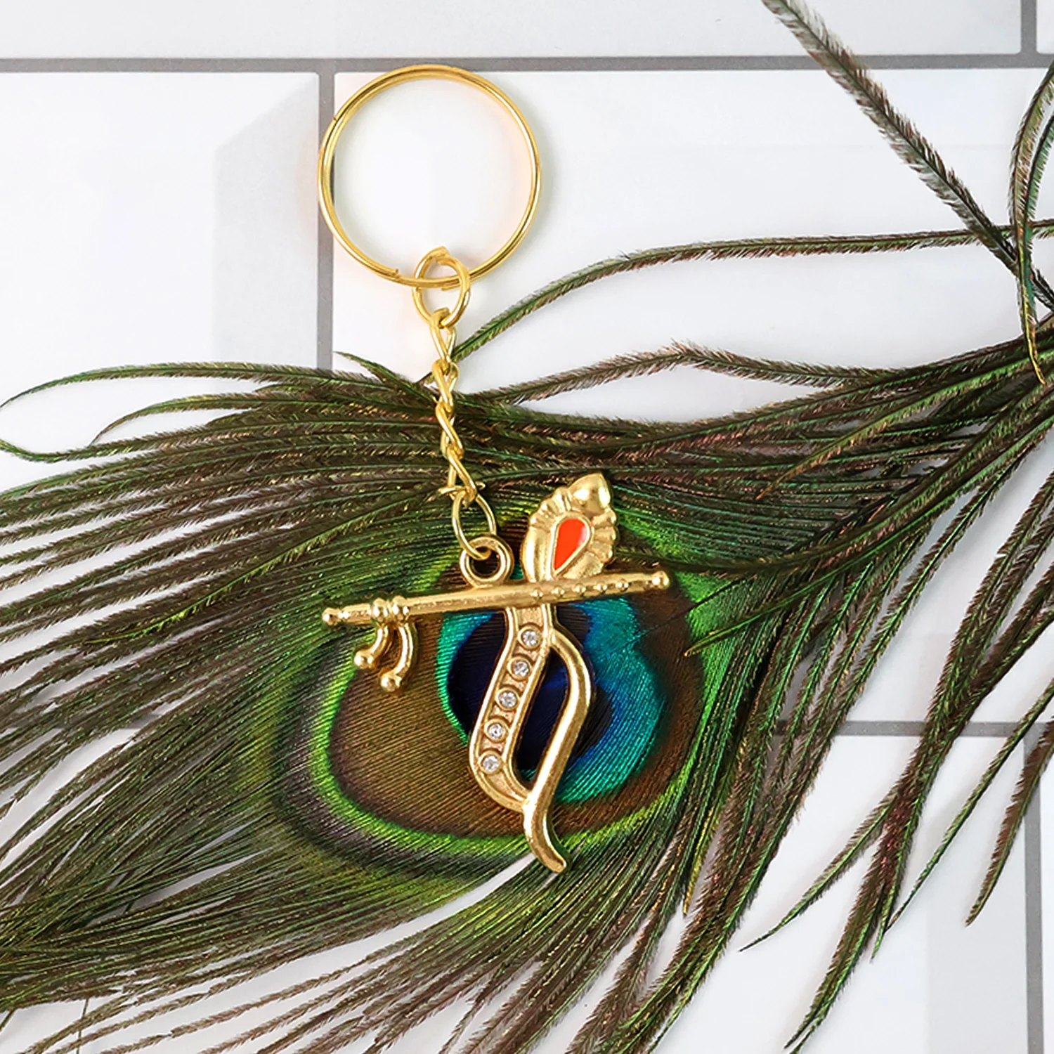 Flute and Peacock Feather Krishna Design Keychain (1 Pc) - Image 4