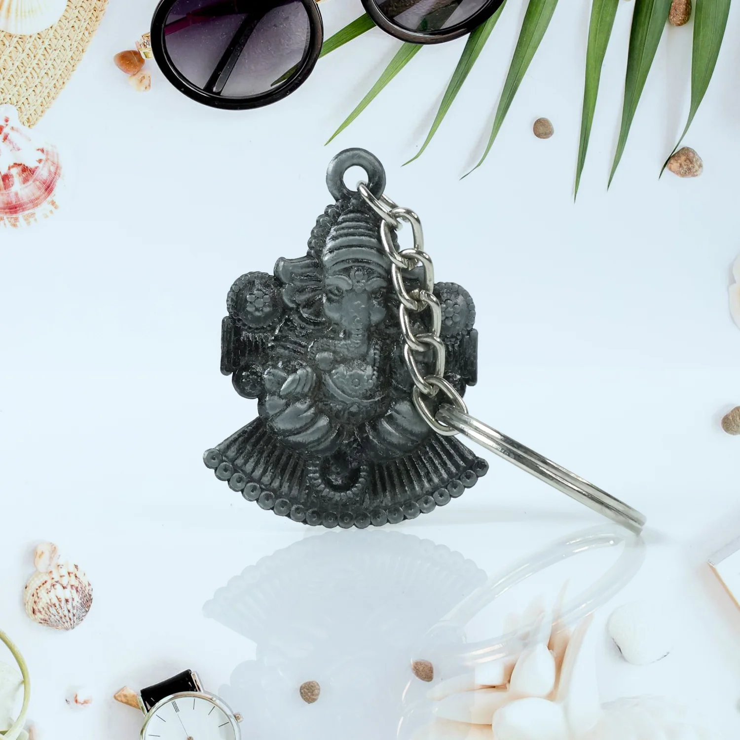 Lord Ganesha Sitting Design Silver Keychain (1 Pc) - Image 6