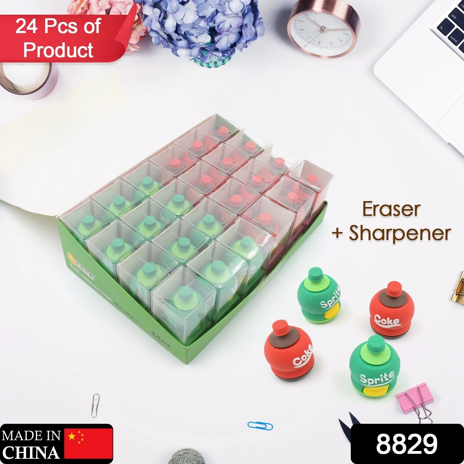 2-in-1 3D Cold Drink Bottle Shape Rubber Pencil Sharpener and Eraser Set(24 Pcs Set ) - Image 2