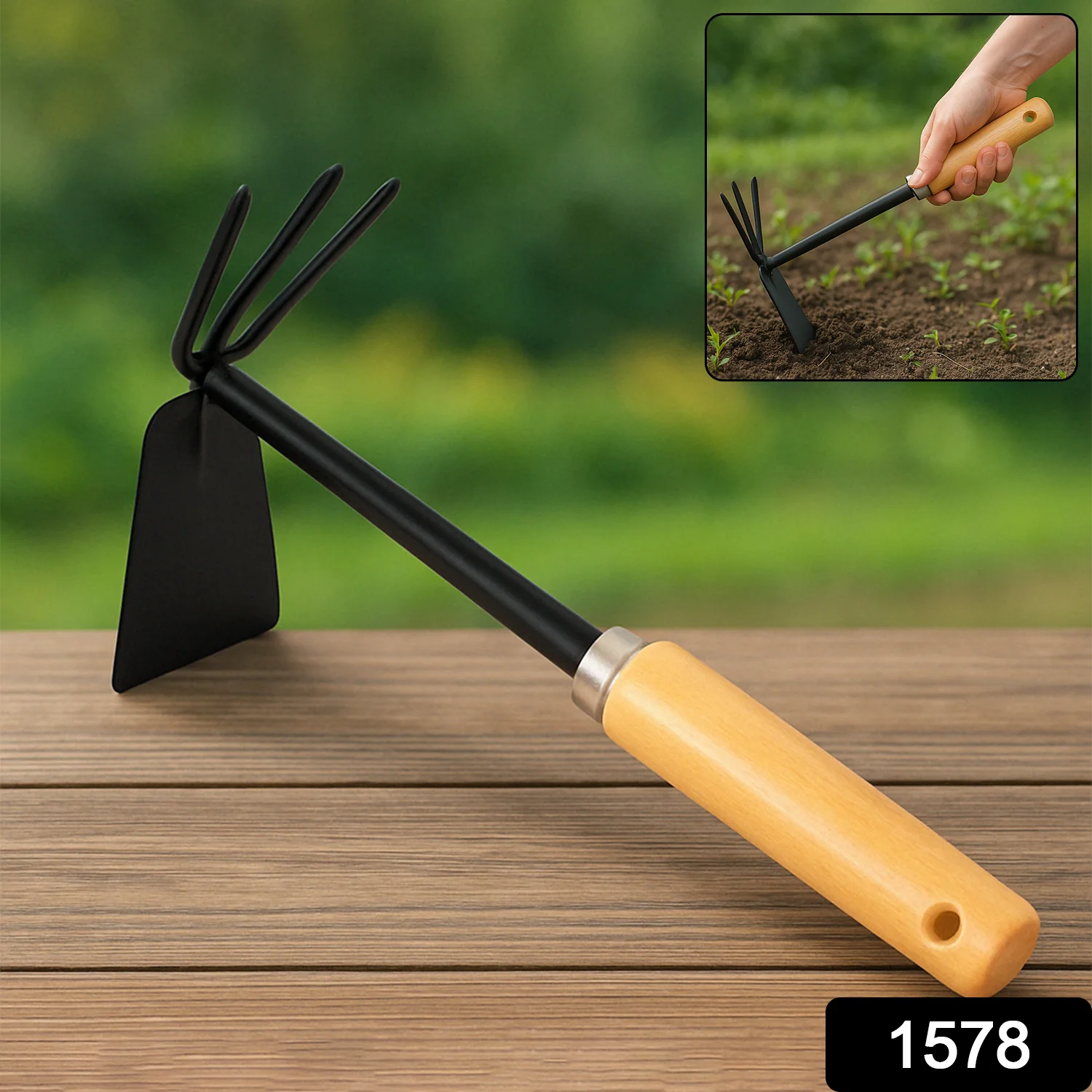 2 in 1 Double Hoe Gardening Tool with Wooden Handle - Image 2