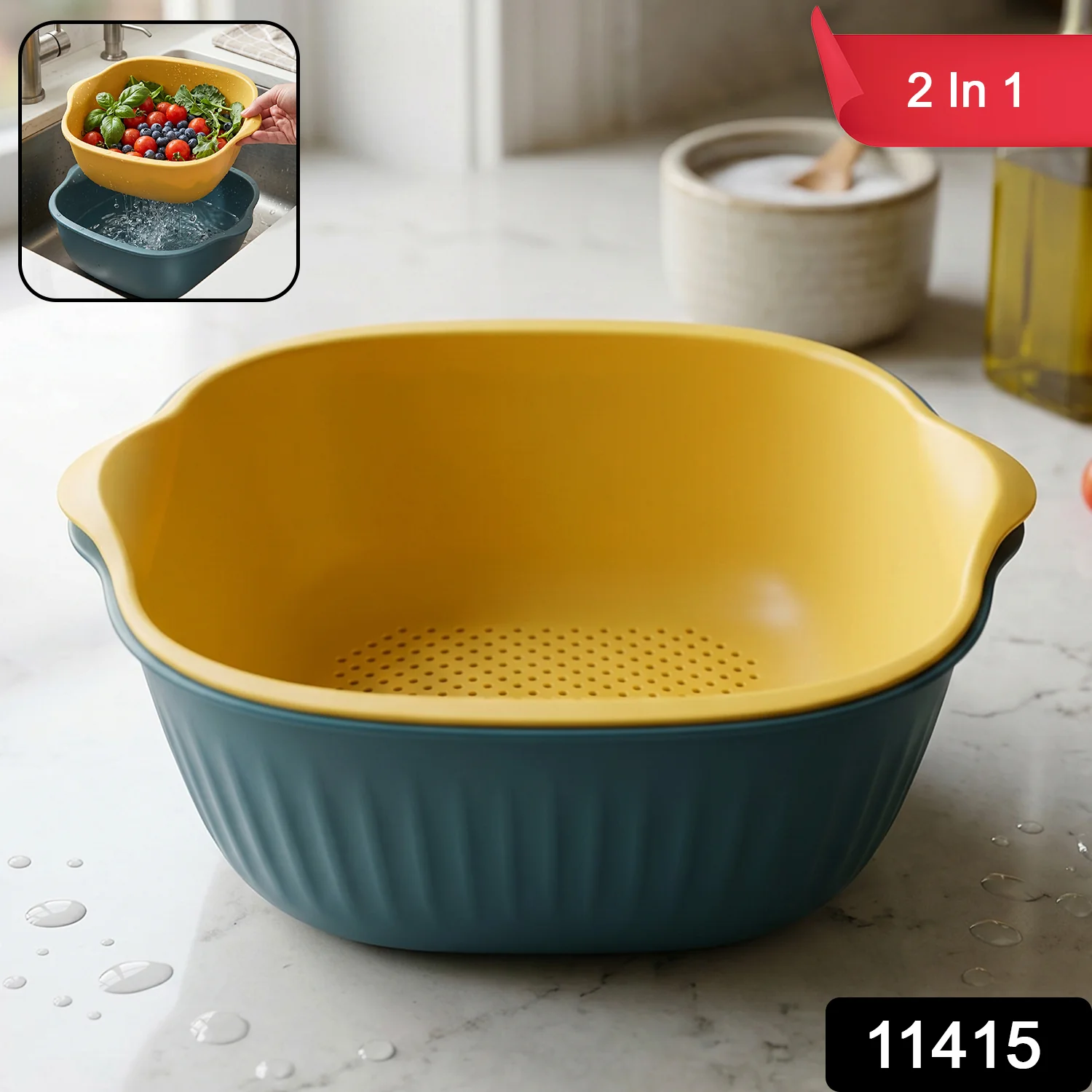 2 in 1 Multipurpose Plastic Washing Bowl with Drain Basket (1 Pc) - Image 2