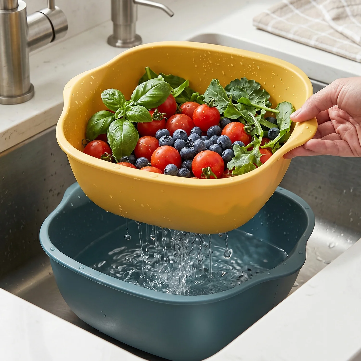 2 in 1 Multipurpose Plastic Washing Bowl with Drain Basket (1 Pc) - Image 5