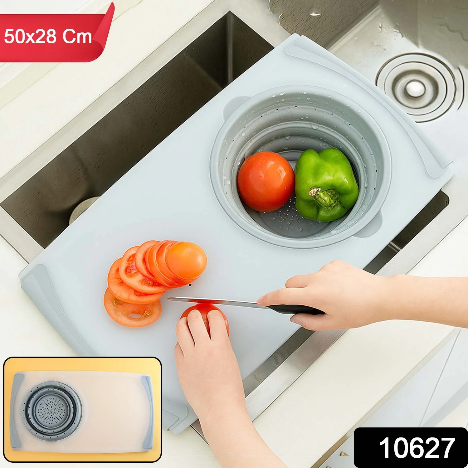 2 in 1 Over-Sink Cutting Board with Built-In Collapsible Strainer (50 x 28 Cm) - Image 2