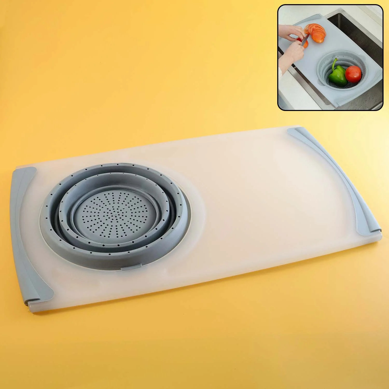 2 in 1 Over-Sink Cutting Board with Built-In Collapsible Strainer (50 x 28 Cm) - Image 3