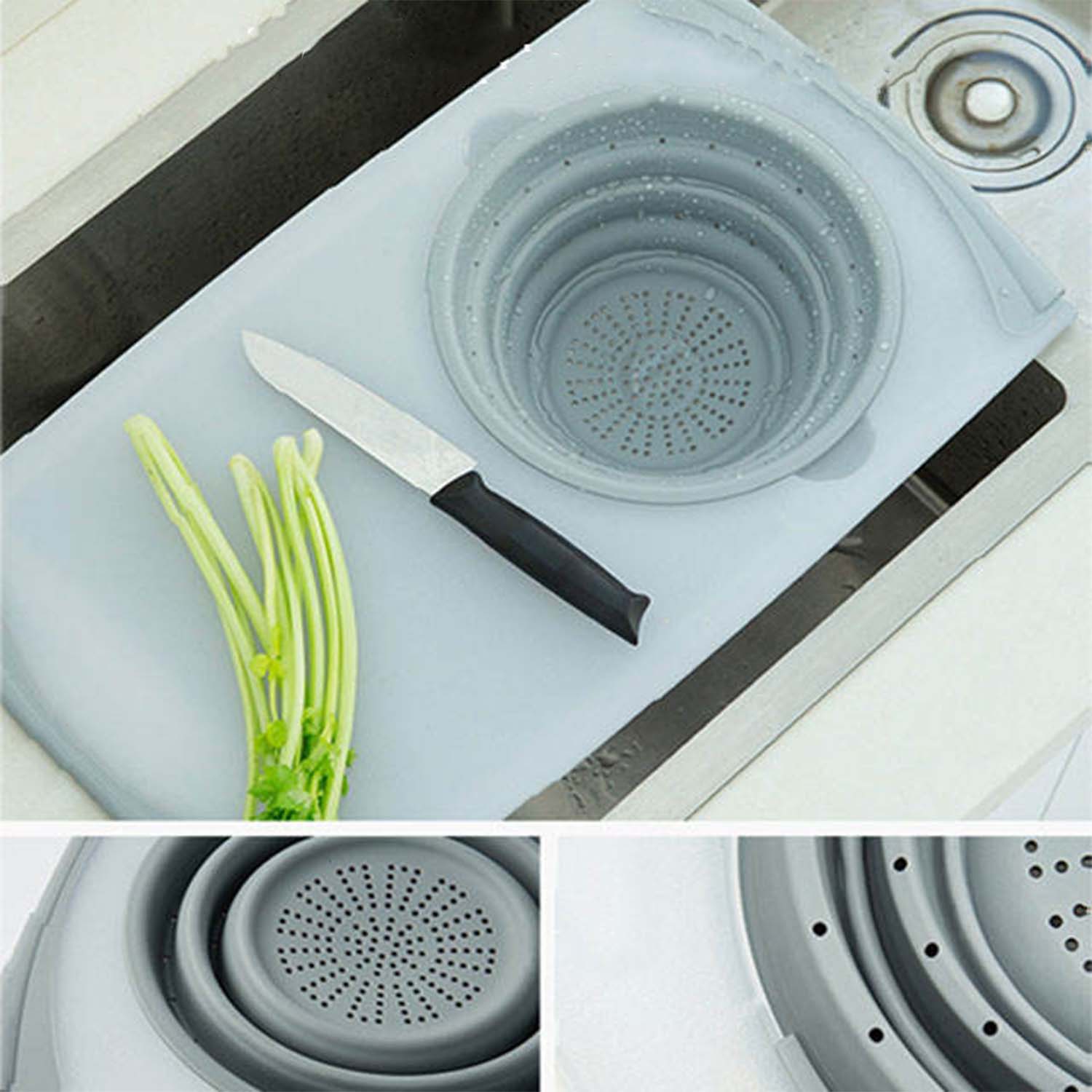 2 in 1 Over-Sink Cutting Board with Built-In Collapsible Strainer (50 x 28 Cm) - Image 8